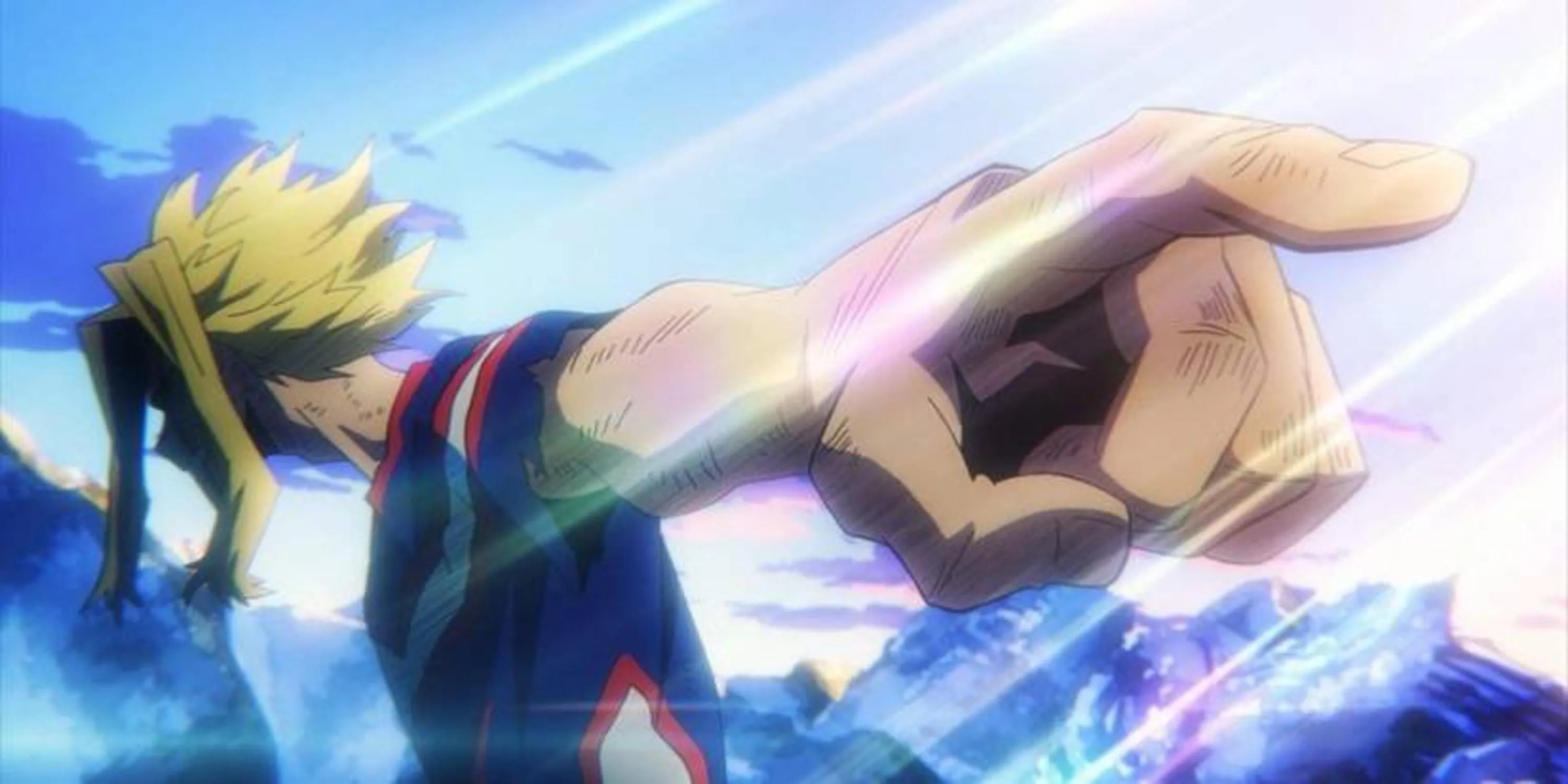 All Might giơ ngón tay chỉ vào màn hình, biểu tượng cho sự kết thúc và di sản trong My Hero Academia S3E11