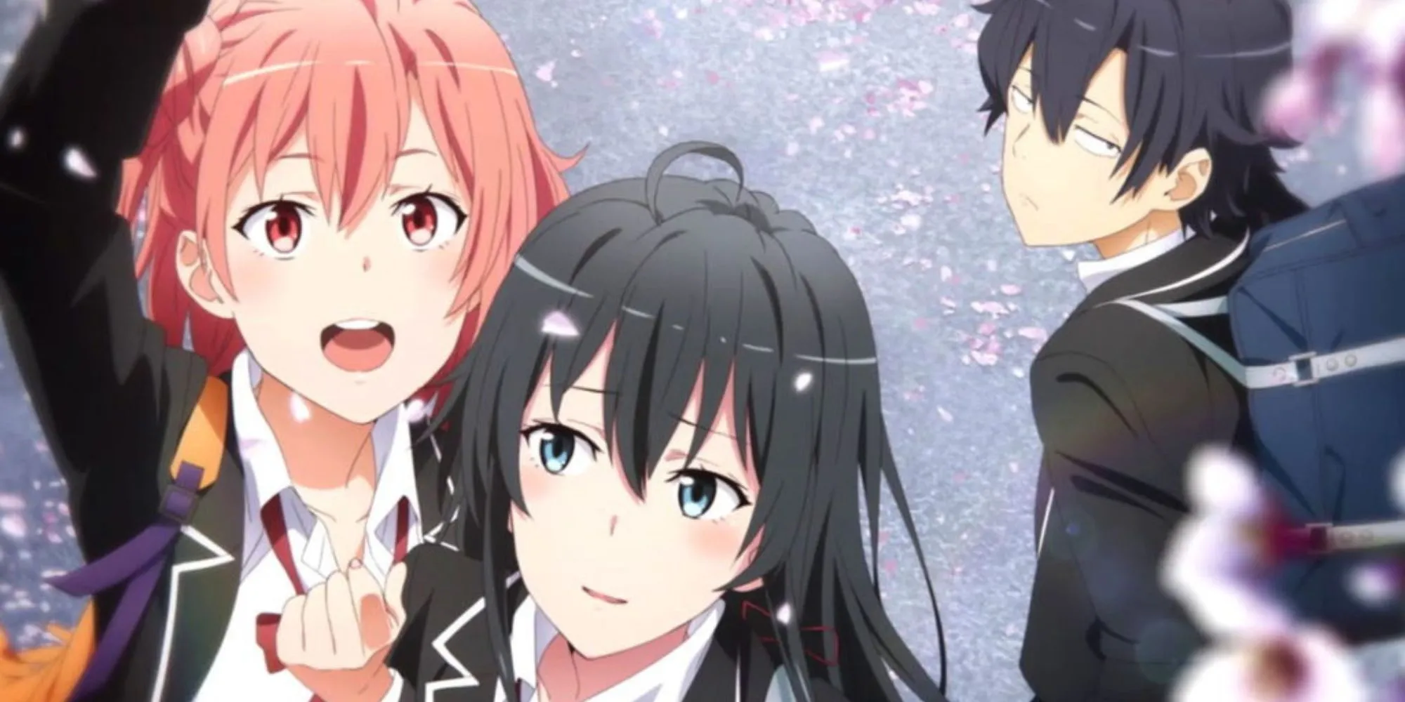 Ba nhân vật chính: Hachiman, Yukino và Yui từ Oregairu, thể hiện sự phức tạp trong mối quan hệ