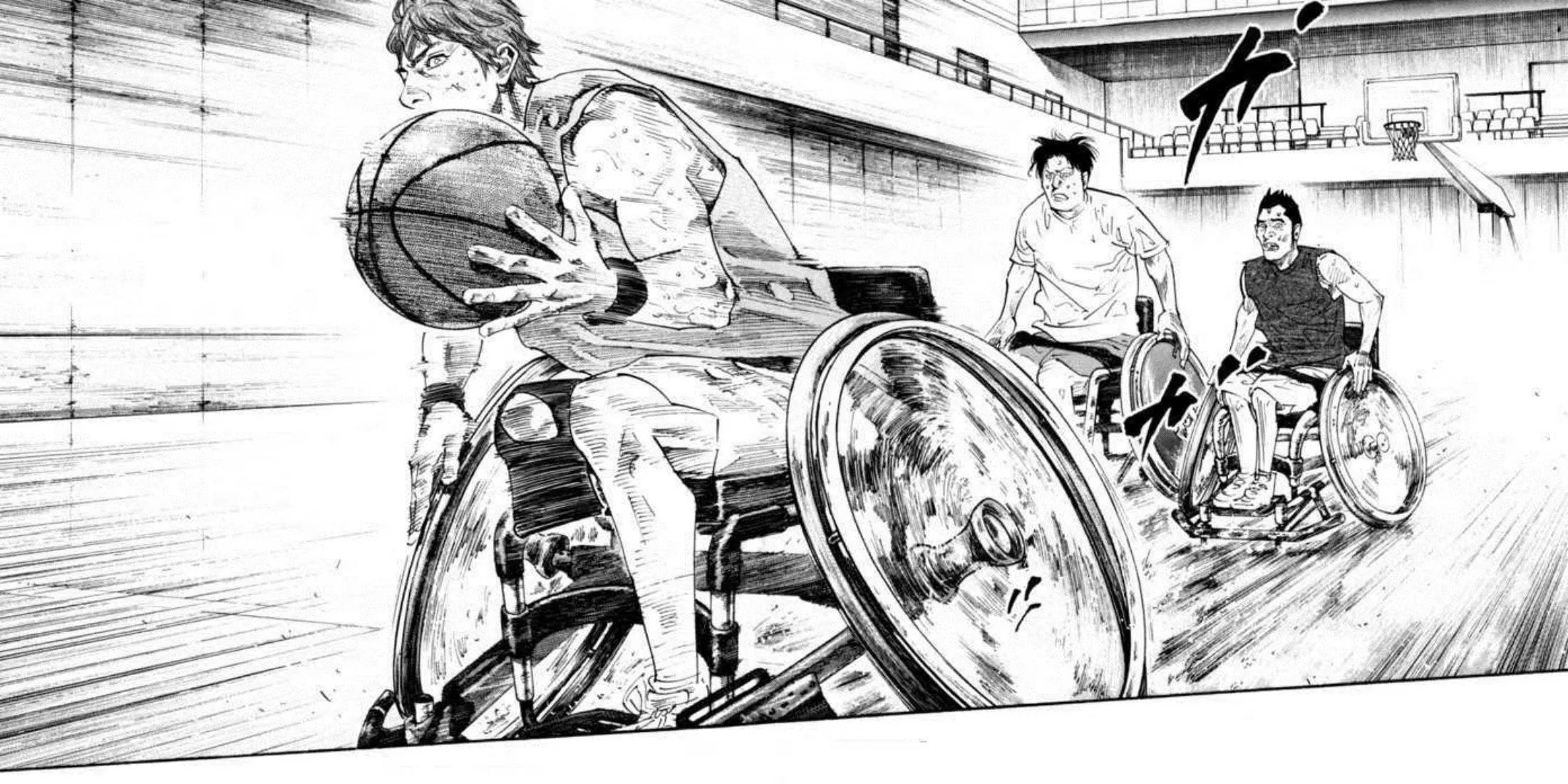 Bìa manga Real với hình ảnh ba nhân vật chính trên sân bóng rổ xe lăn