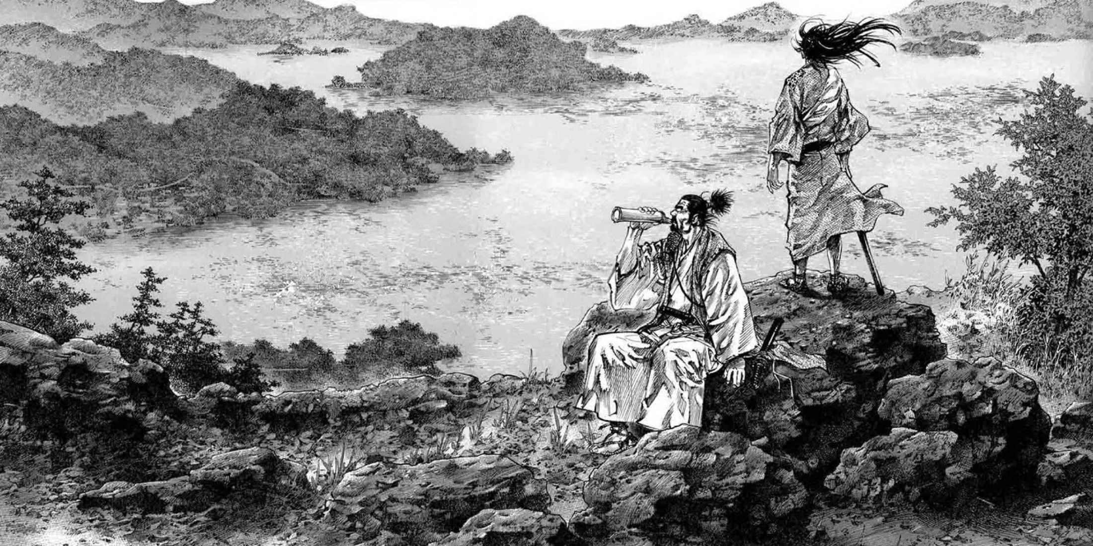 Bìa manga Vagabond với hình ảnh cận cảnh Miyamoto Musashi với vẻ mặt đầy quyết tâm