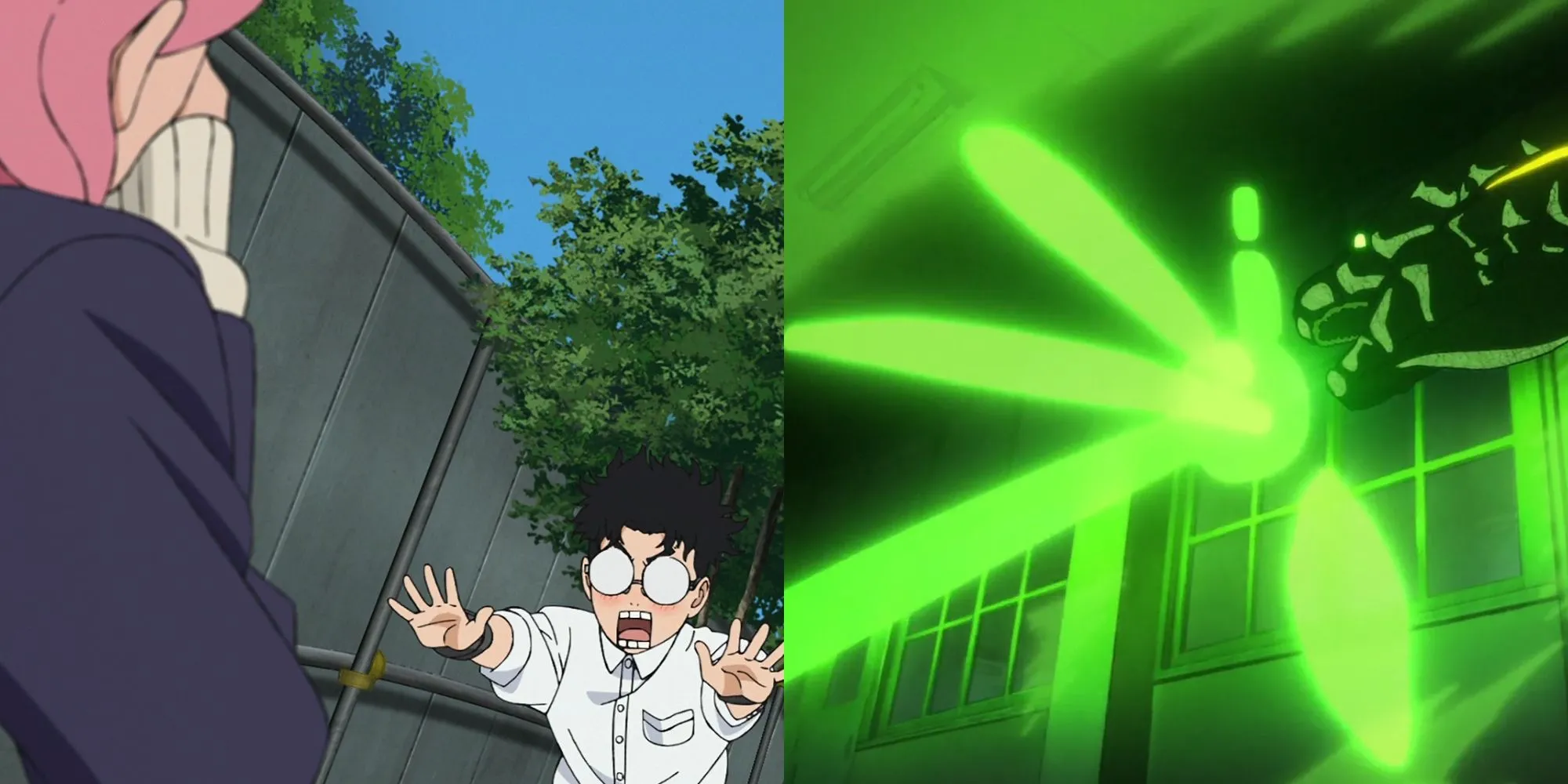 Biểu cảm lo lắng của Momo Ayase và Aira Shiratori khi bị kéo vào không gian lạ bởi người Serpoian trong tập 8 DanDaDan Phần 1