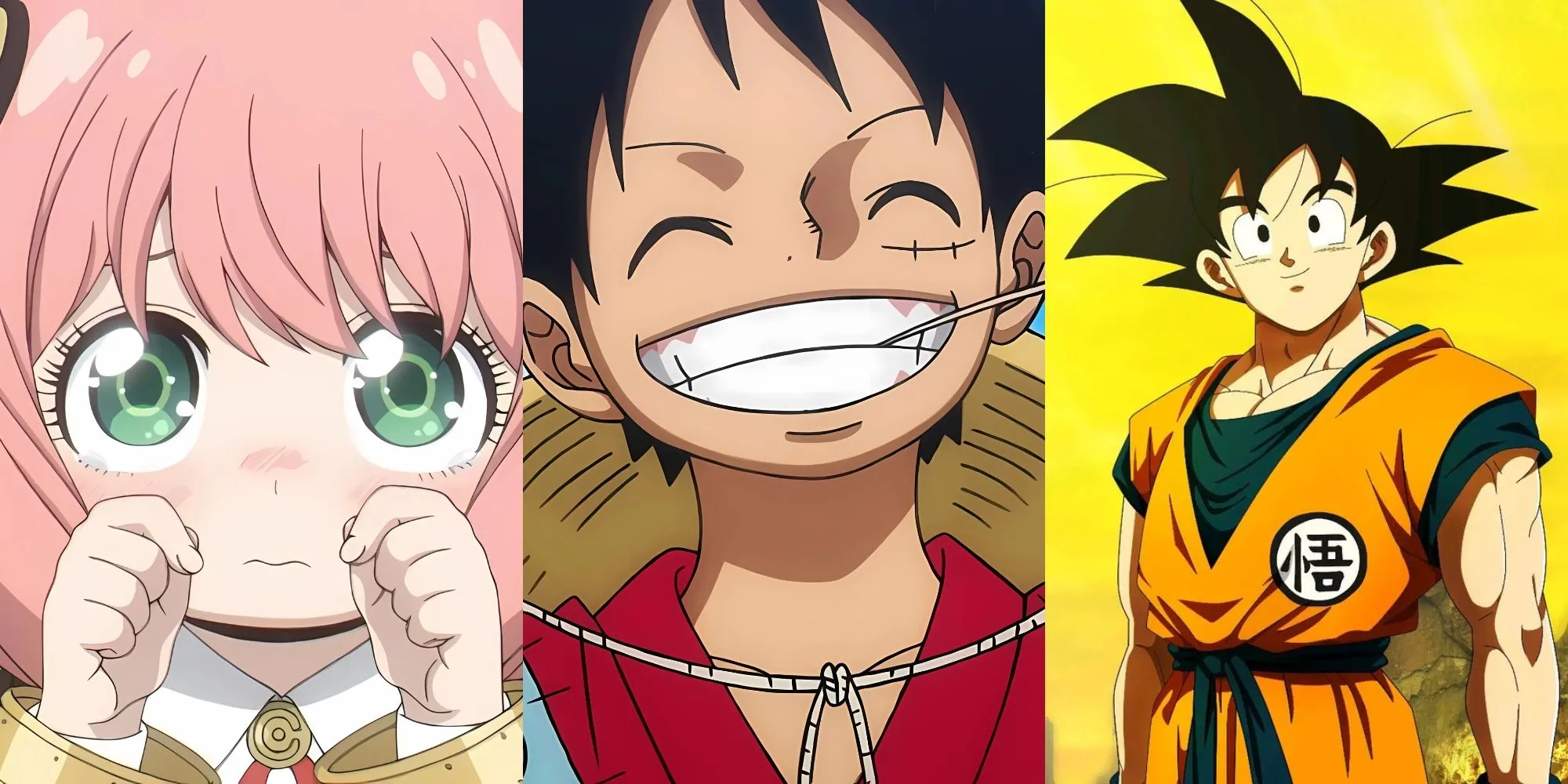 Các nhân vật anime nổi tiếng Anya Forger, Monkey D. Luffy và Son Goku