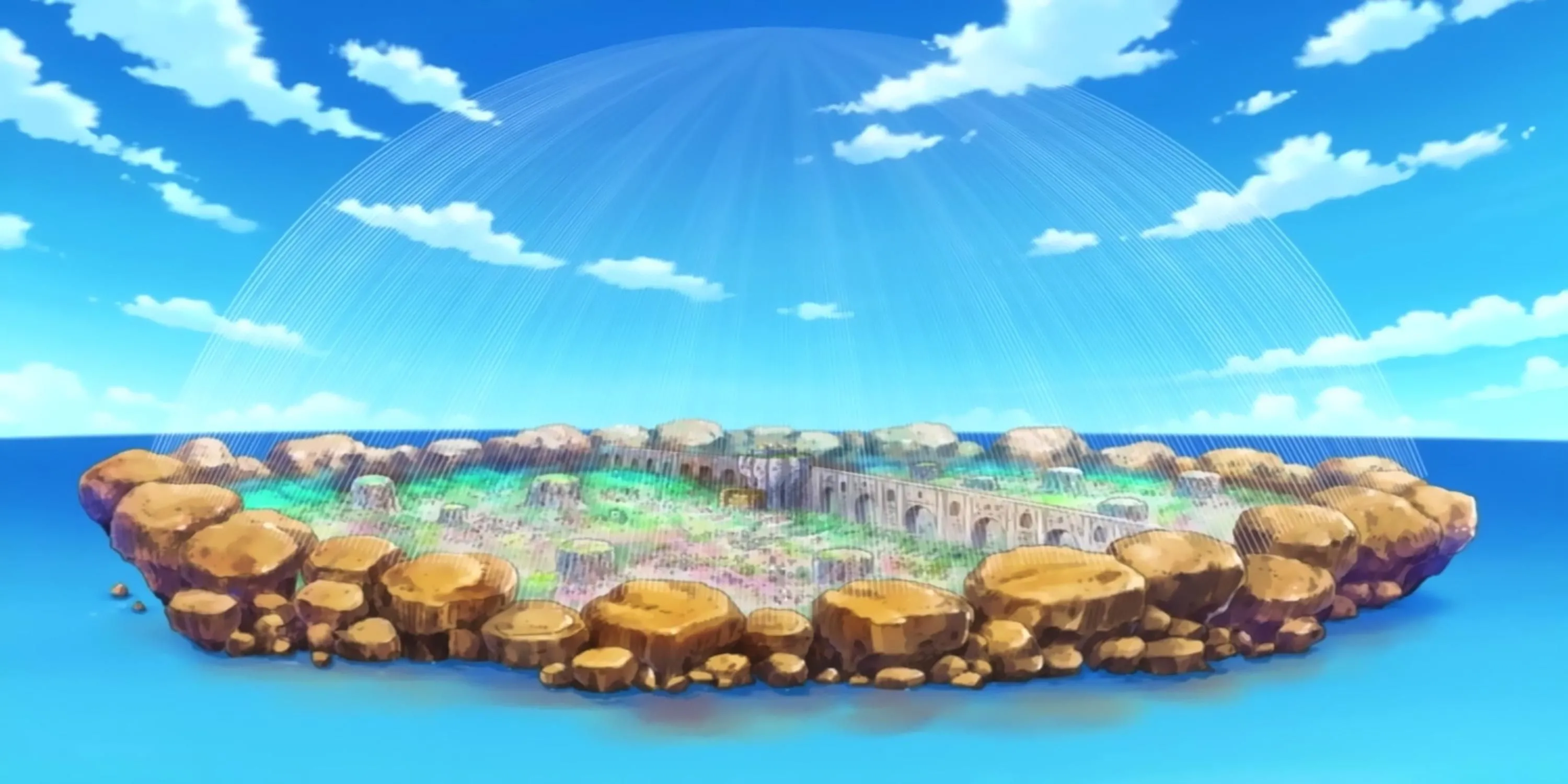 Cảnh quan tươi sáng và đầy màu sắc của vương quốc Dressrosa do Doflamingo cai trị.