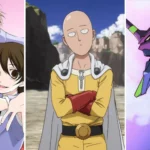 Collage các anime lồng tiếng Anh hay như Ouran High School Host Club, One-Punch Man, Neon Genesis Evangelion