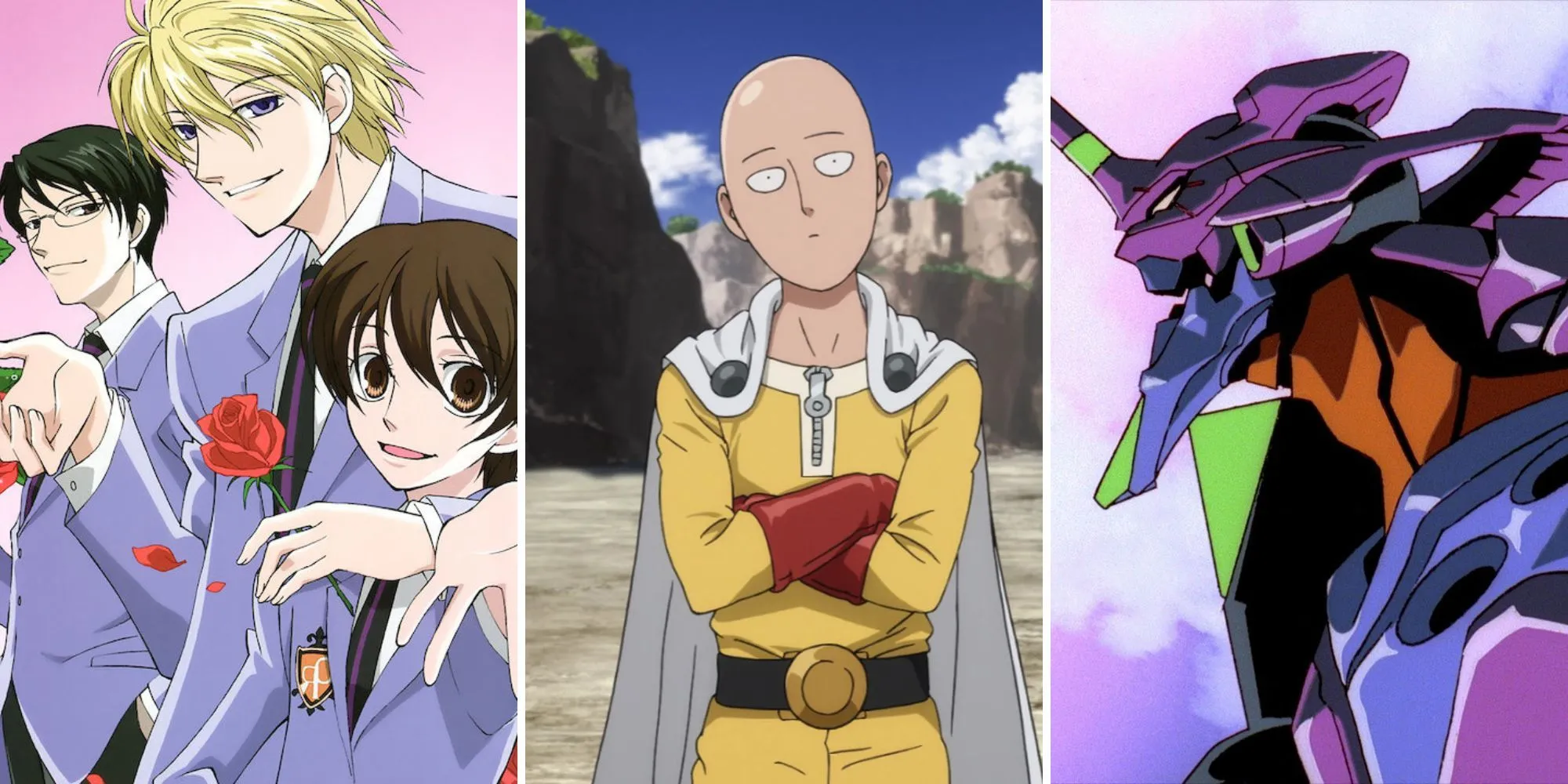 Collage các anime lồng tiếng Anh hay như Ouran High School Host Club, One-Punch Man, Neon Genesis Evangelion