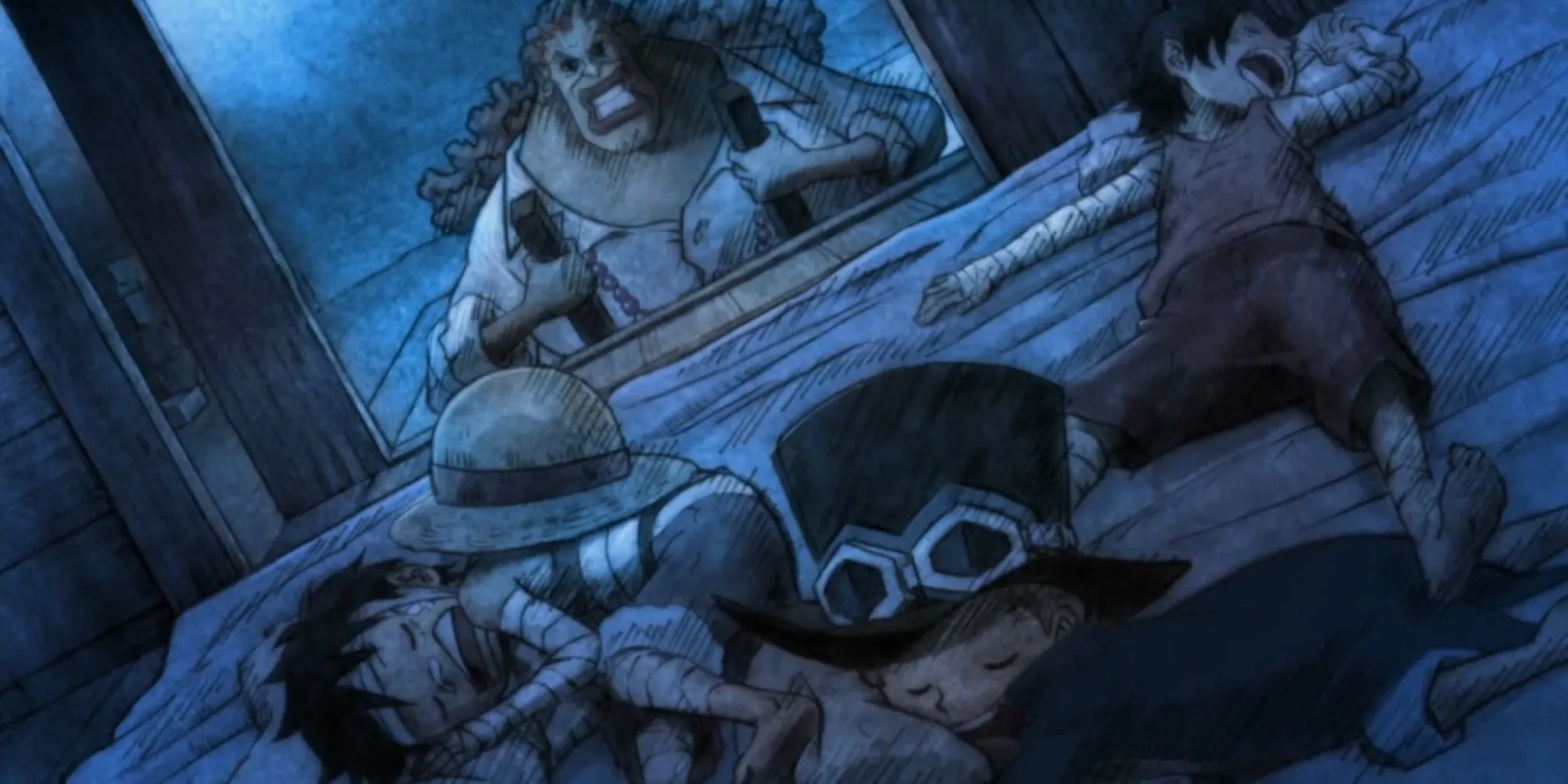 Dadan cùng ba anh em Ace, Sabo, Luffy thời thơ ấu