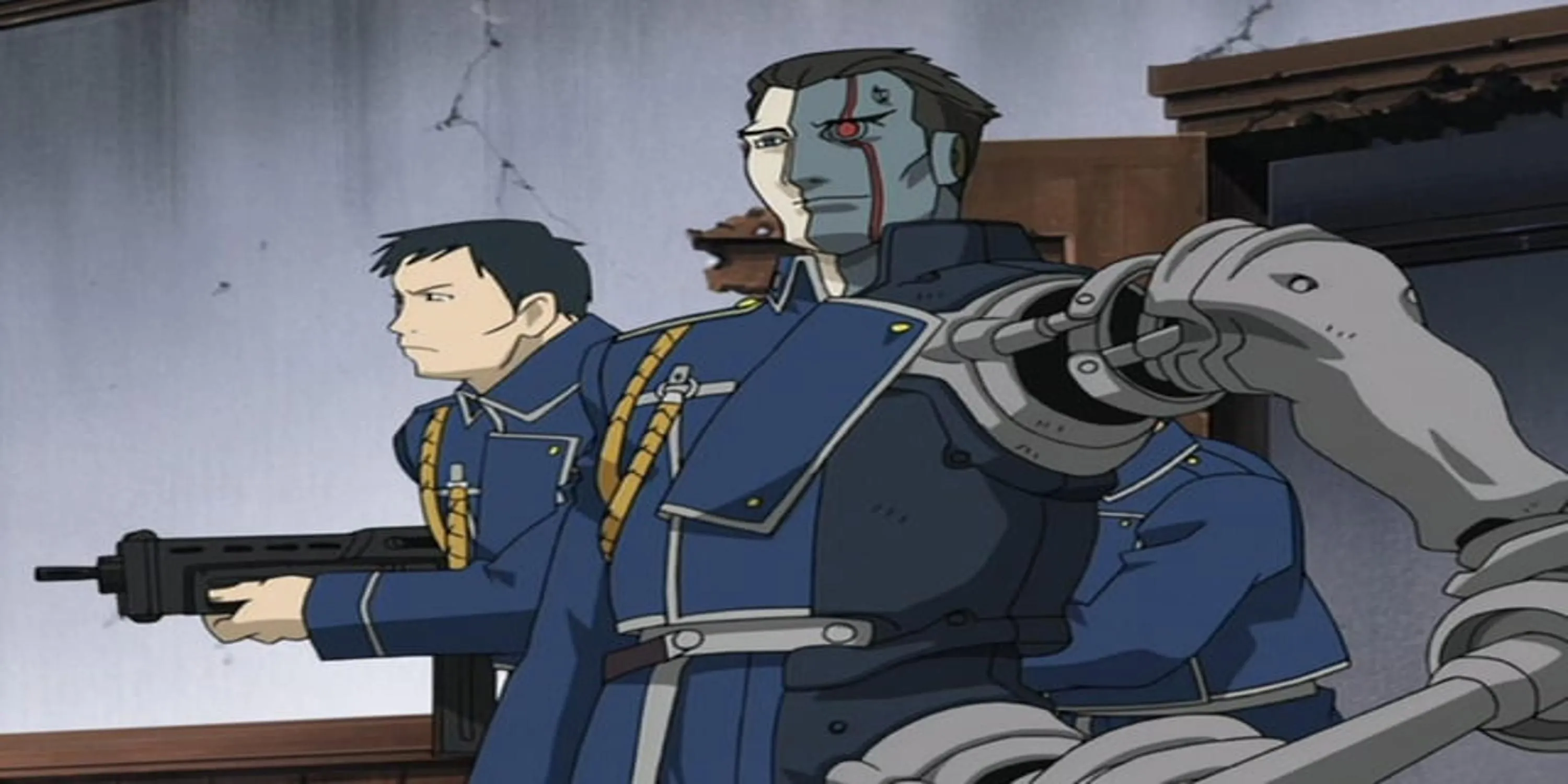 Frank Archer với cánh tay máy và thân hình cyborg trong Fullmetal Alchemist Brotherhood