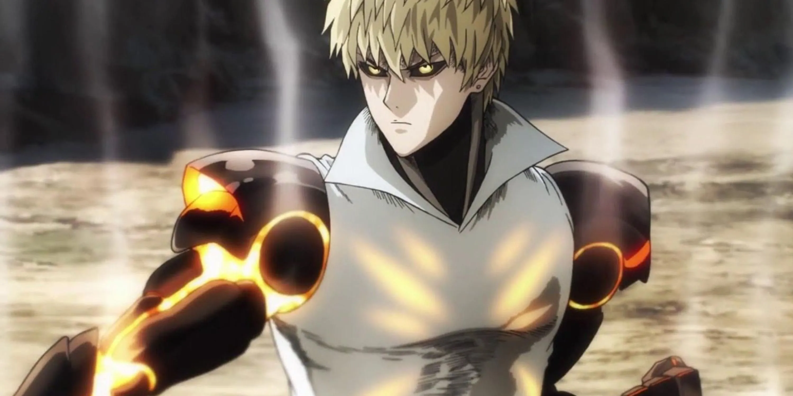 Genos trong tư thế chiến đấu, thể hiện các vũ khí tích hợp của cyborg trong One-Punch Man