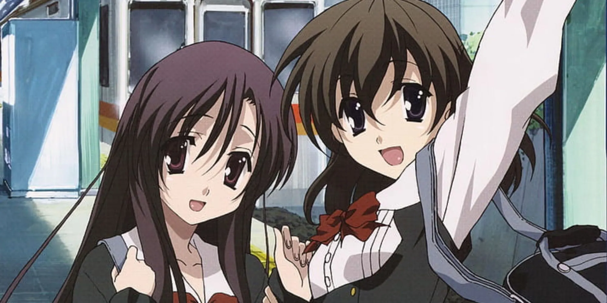 Hai nữ sinh trong School Days, Kotonoha Katsura tóc tím và Sekai Saionji tóc nâu vẫy tay