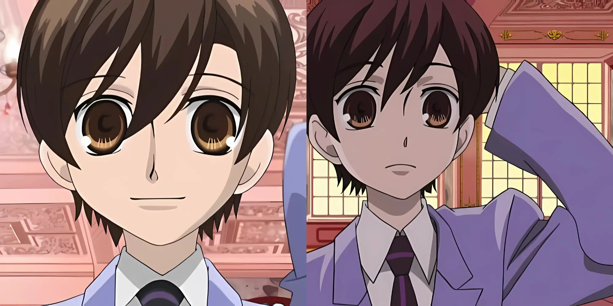 Haruhi Fujioka mặc đồng phục nam của Ouran High School Host Club, ngồi trên ghế dài