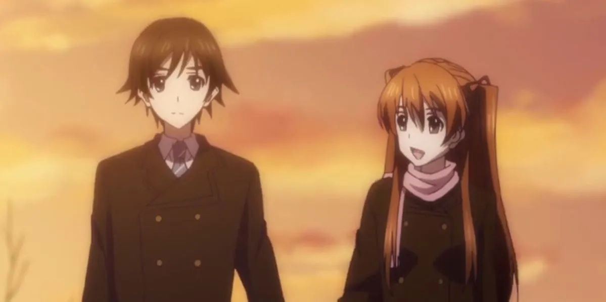 Haruki Kitahara và Setsuna Ogiso nhìn nhau với ánh mắt buồn bã trong White Album 2