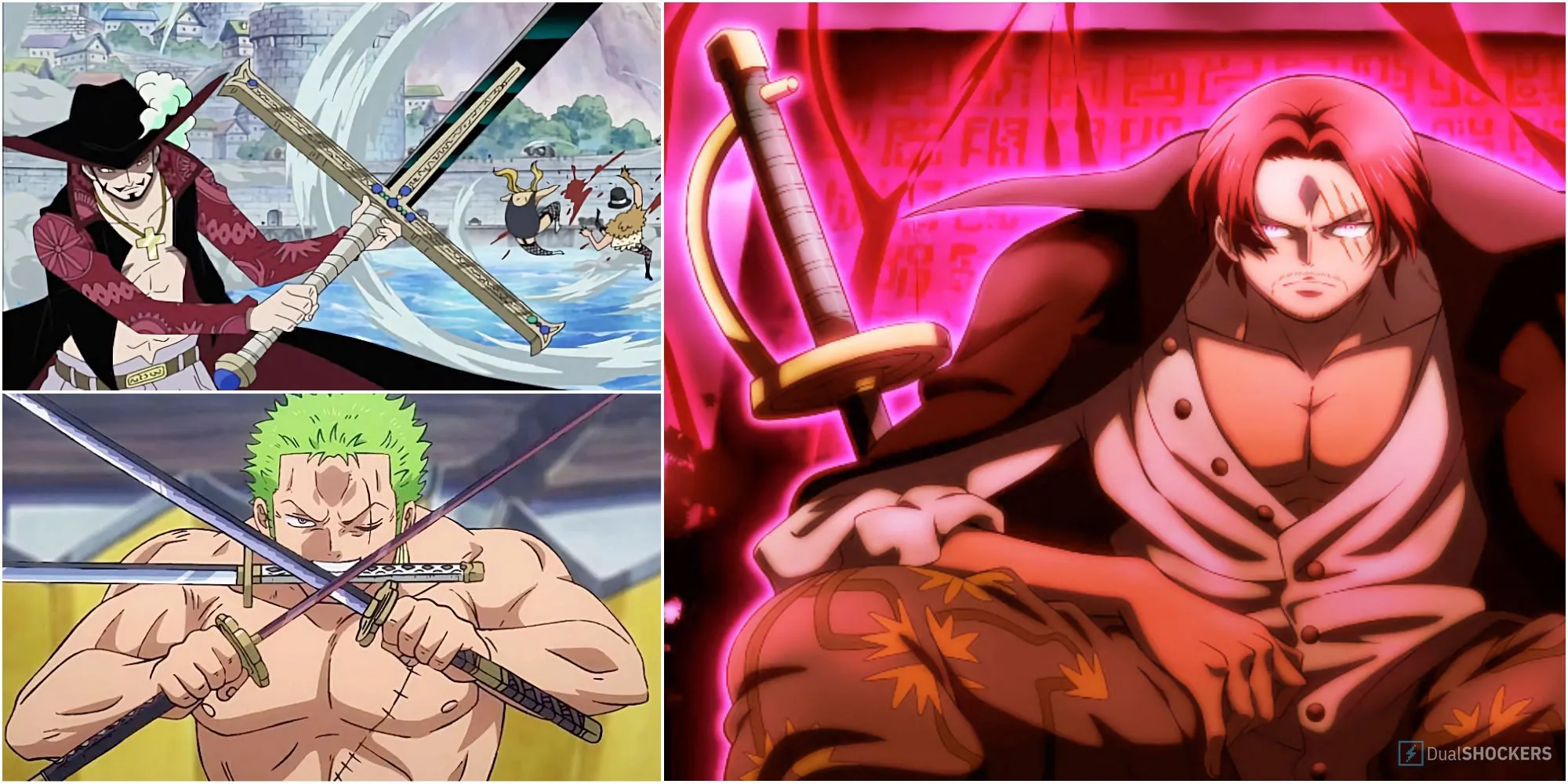 Hình ảnh đặc trưng các nhân vật mạnh mẽ như Mihawk, Zoro và Shanks trong One Piece