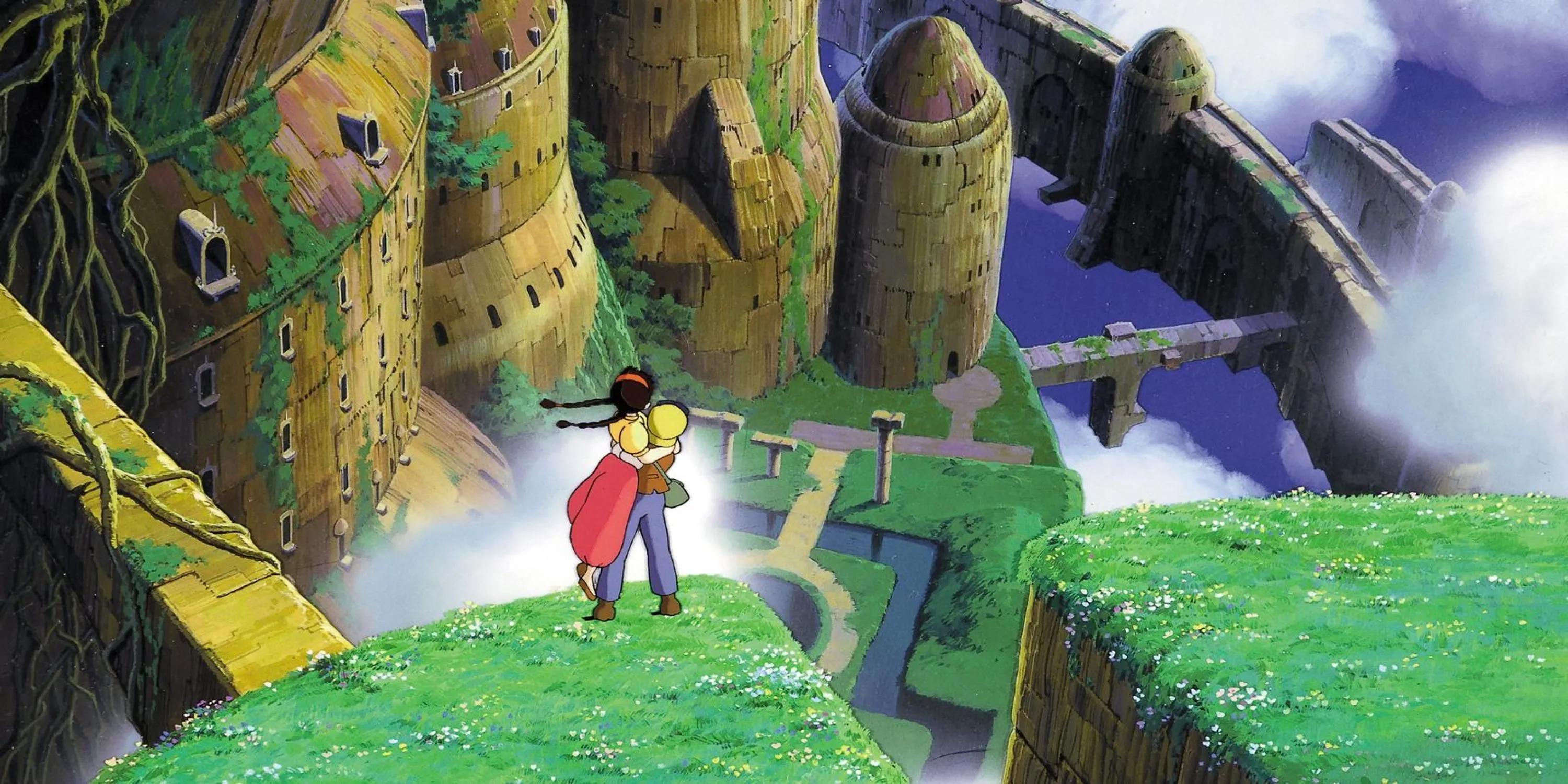 Hình ảnh Pazu và Sheeta khám phá bầu trời trong phim anime Lâu Đài Trên Không của Studio Ghibli