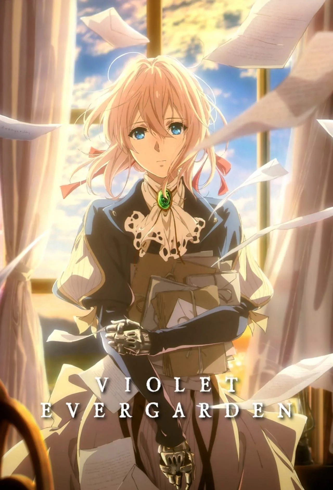 Hình ảnh Violet Evergarden với cánh tay giả và máy đánh chữ, biểu tượng của công việc Auto Memory Doll