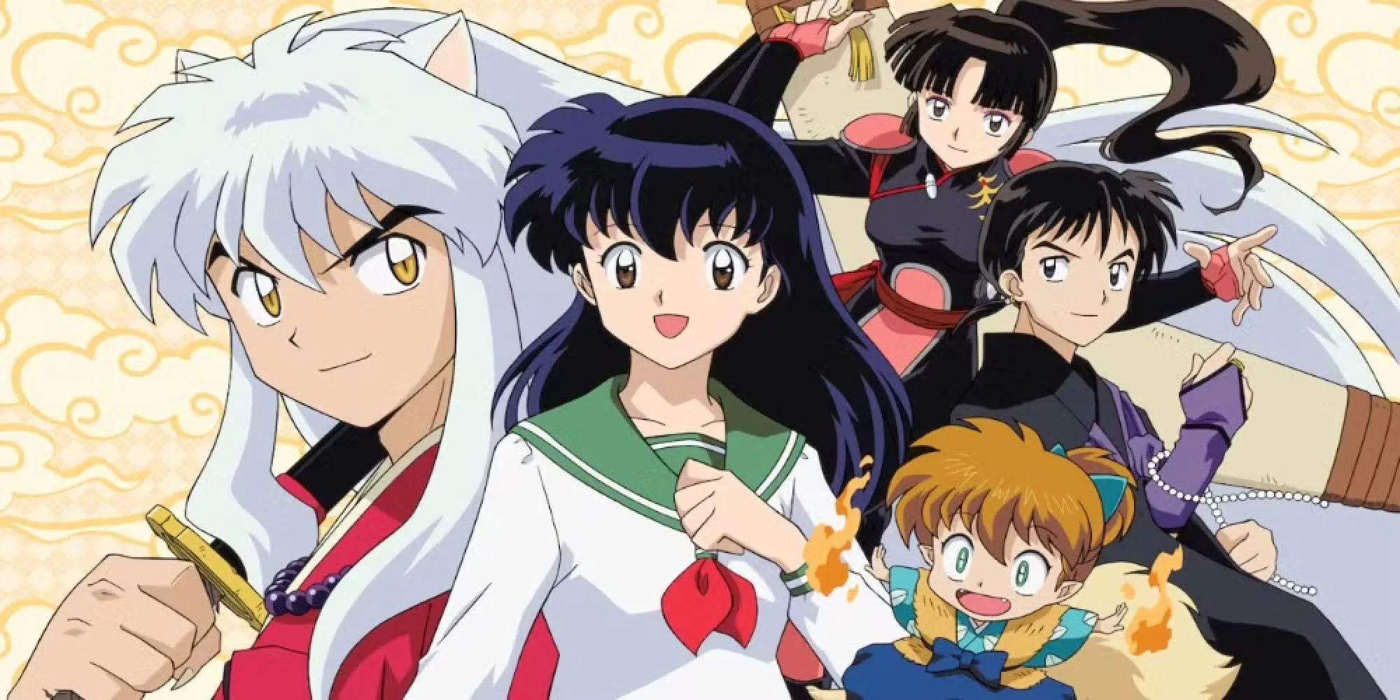 Inuyasha và Kagome cùng bạn bè trong một cảnh của series Inuyasha