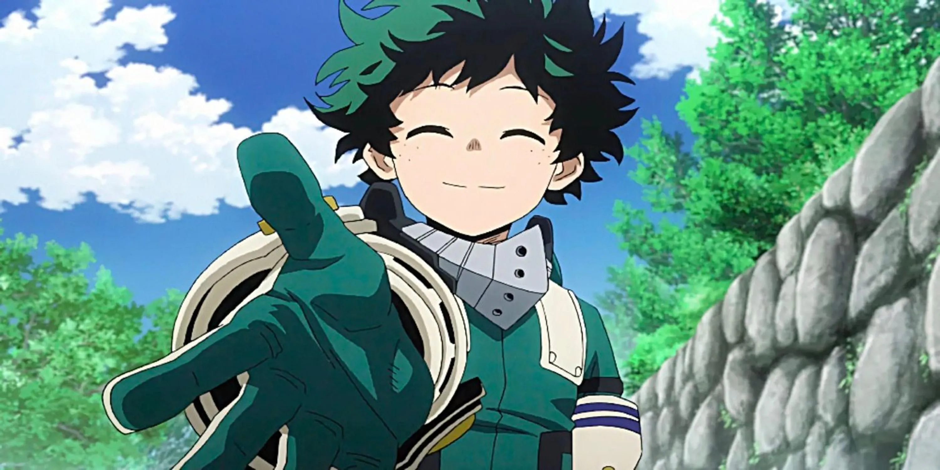 Izuku Midoriya với biểu cảm nghiêm túc, sẵn sàng chiến đấu trong My Hero Academia
