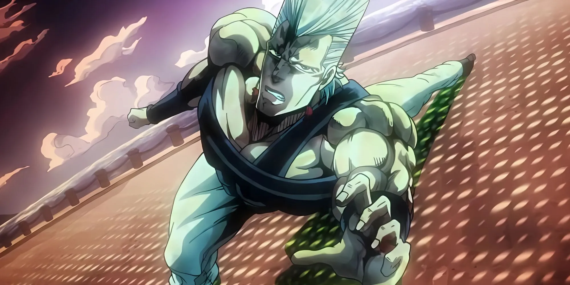 Jean-Pierre Polnareff nghiêng người về phía trước gần như nằm ngang, thể hiện sự quyết tâm và kịch tính.