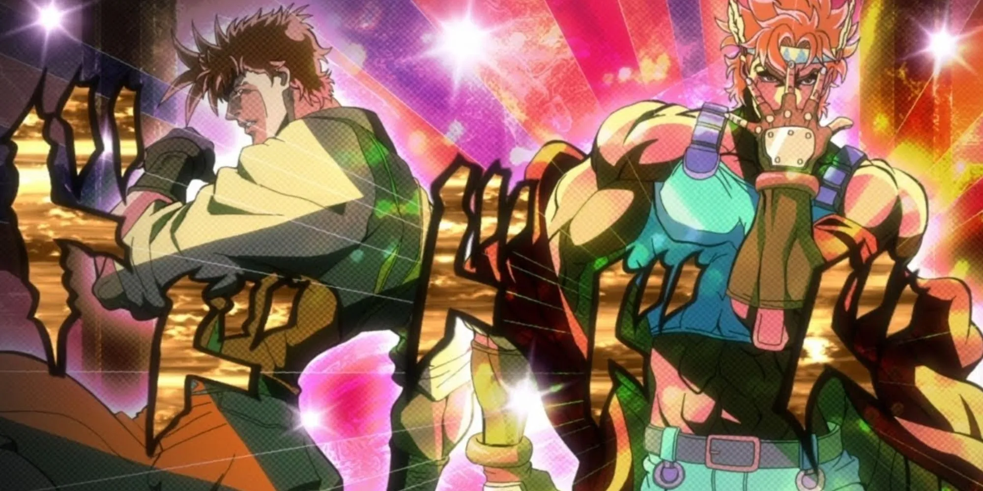 Joseph Joestar và Caesar Zeppeli đứng lưng vào nhau, biểu tượng cho tình bạn đối lập nhưng tin cậy.