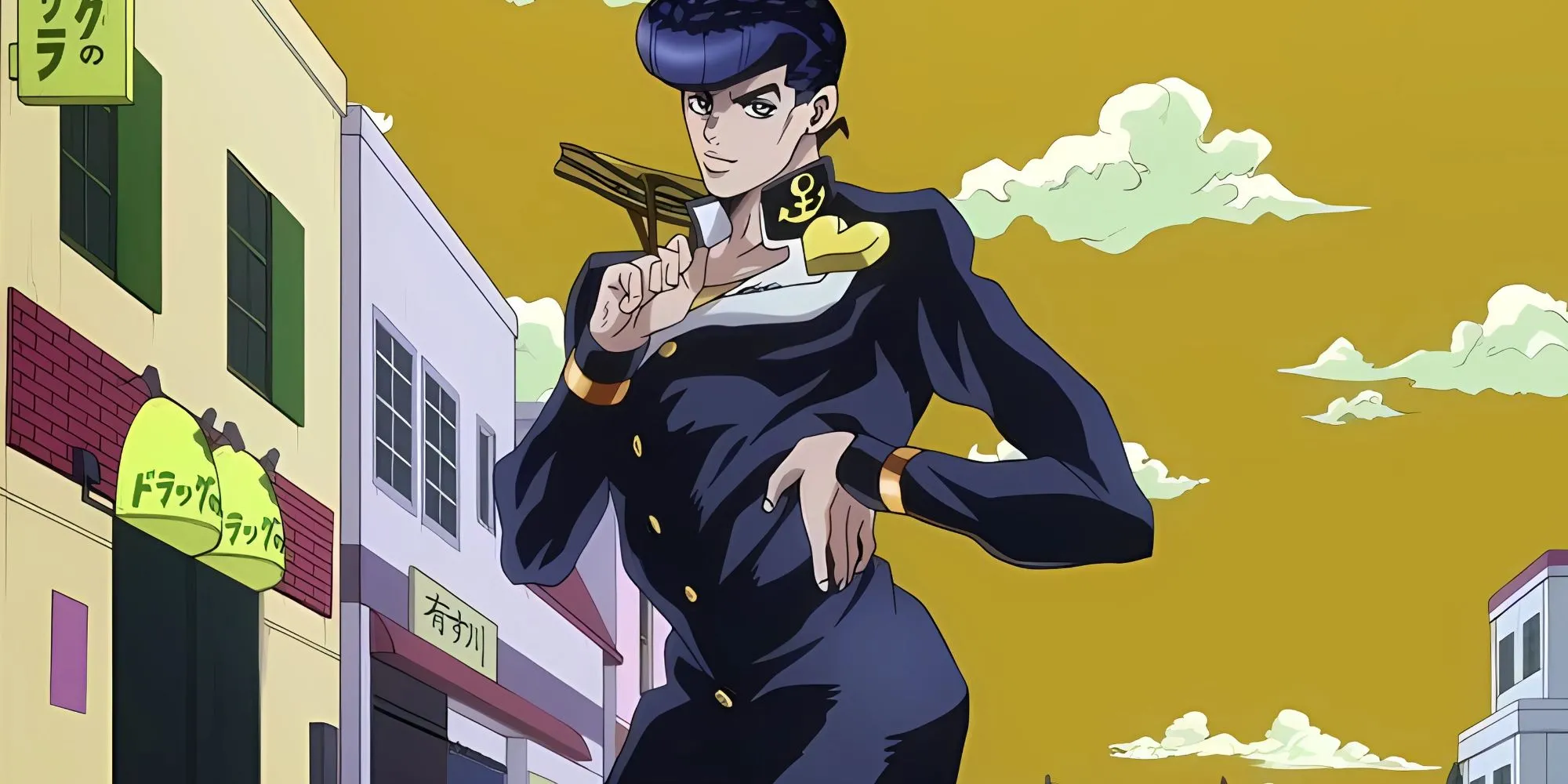 Josuke Higashikata vặn mình và hông, tạo dáng chữ S độc đáo, làm nổi bật mái tóc bờm đặc trưng.