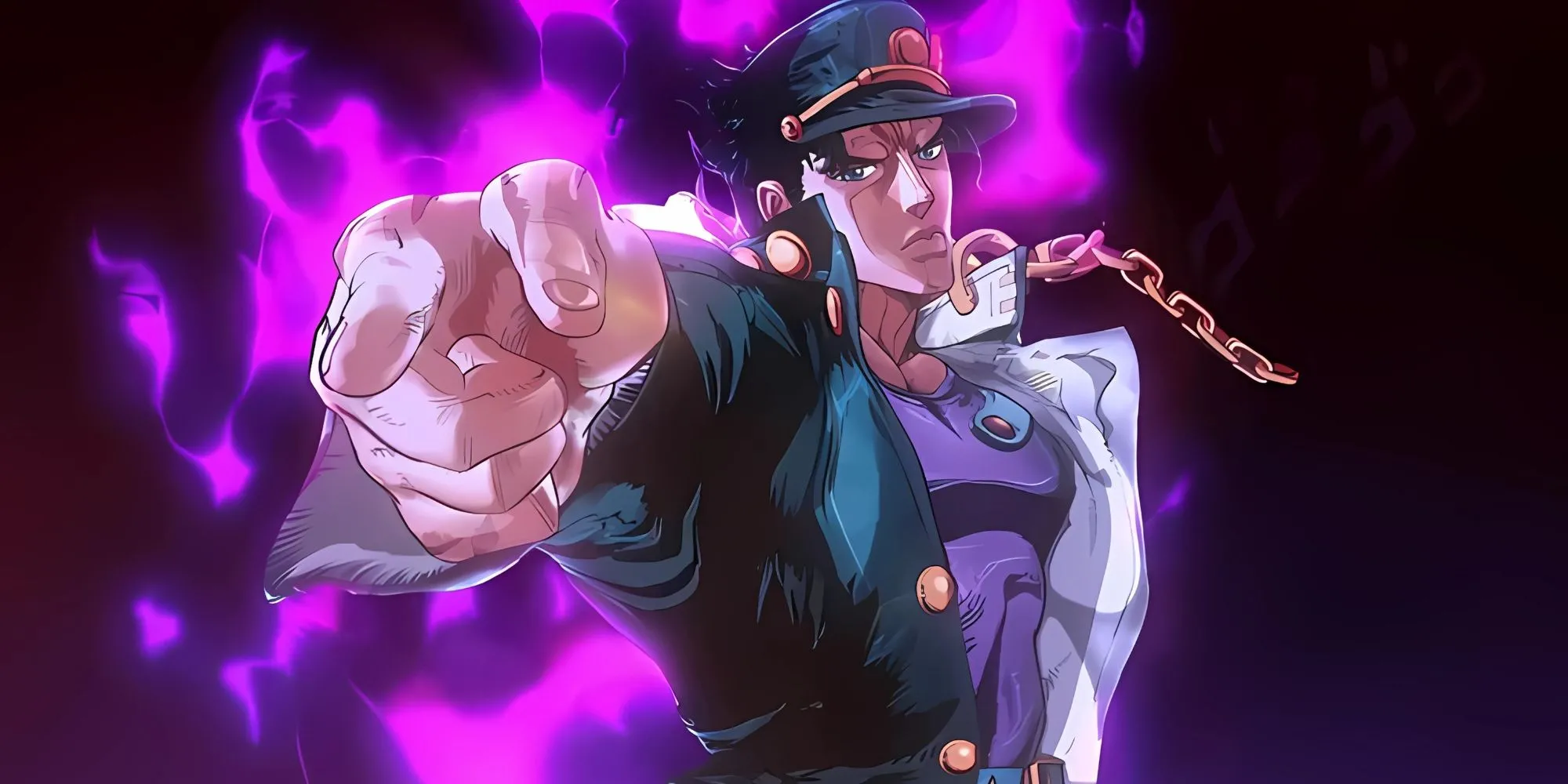 Jotaro Kujo chỉ ngón tay về phía trước, biểu tượng cho sự quyết đoán và công lý lạnh lùng.