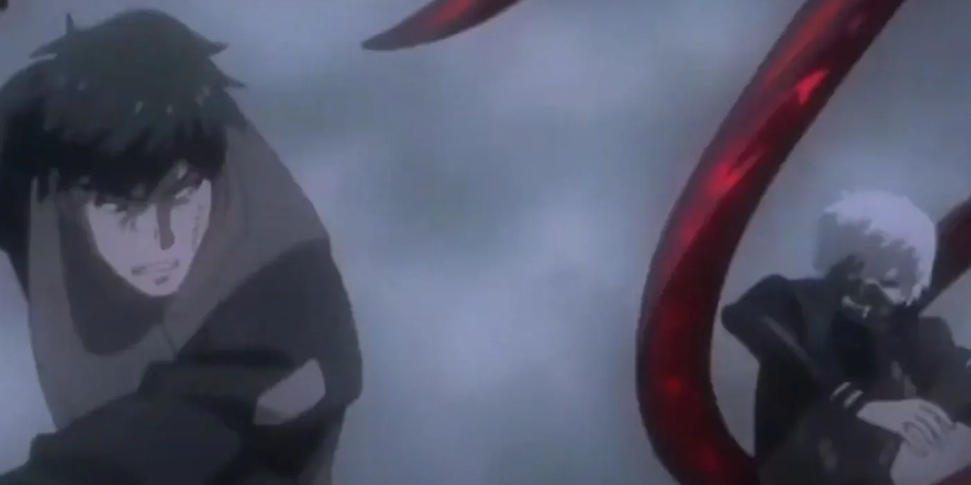 Ken Kaneki trong hình dạng Bán Quỷ đối đầu với Điều tra viên CCG Koutarou Amon