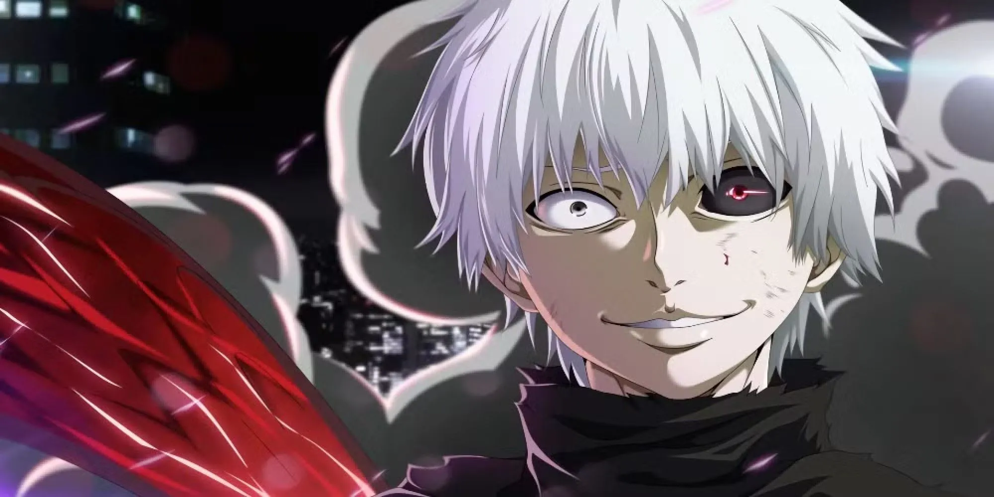 Ken Kaneki với mái tóc trắng và một mắt Kagugan đỏ trong Tokyo Ghoul