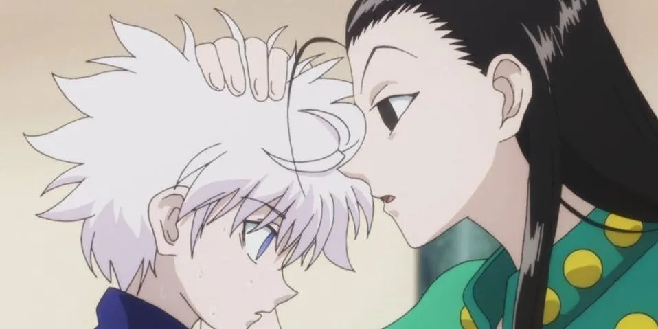 Killua Zoldyck với đôi mắt xanh đặc trưng và Illumi Zoldyck với kim trên mặt, thể hiện mối quan hệ phức tạp giữa hai anh em nhà Zoldyck