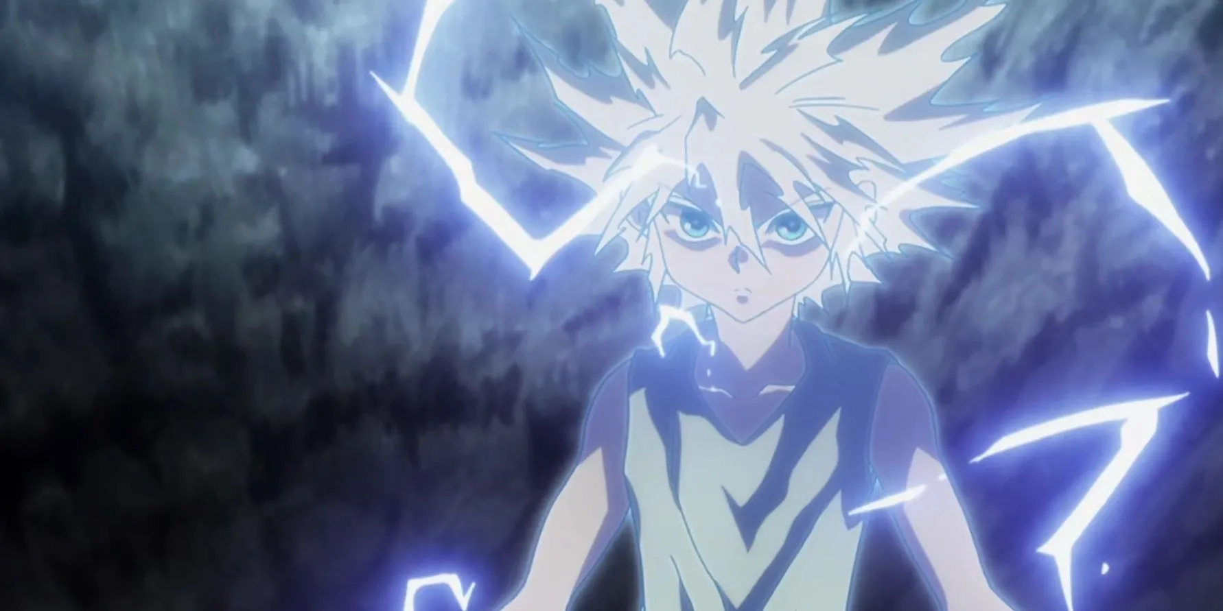 Killua Zoldyck với mái tóc bạc, ánh mắt sắc bén thể hiện trực giác và tư duy sát thủ