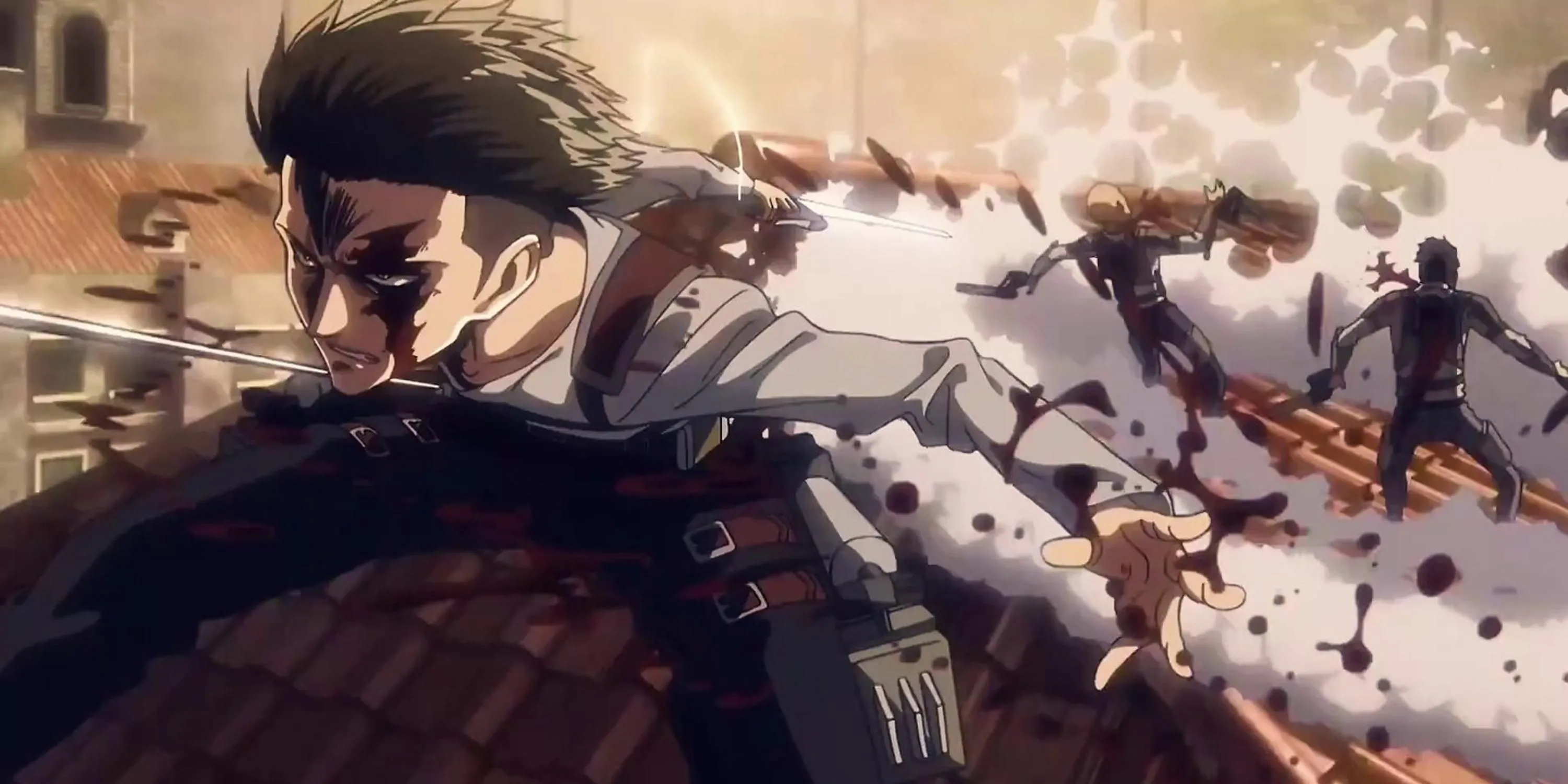 Levi Ackerman sử dụng bộ cơ động 3D đối đầu với đội của Kenny trong Attack on Titan