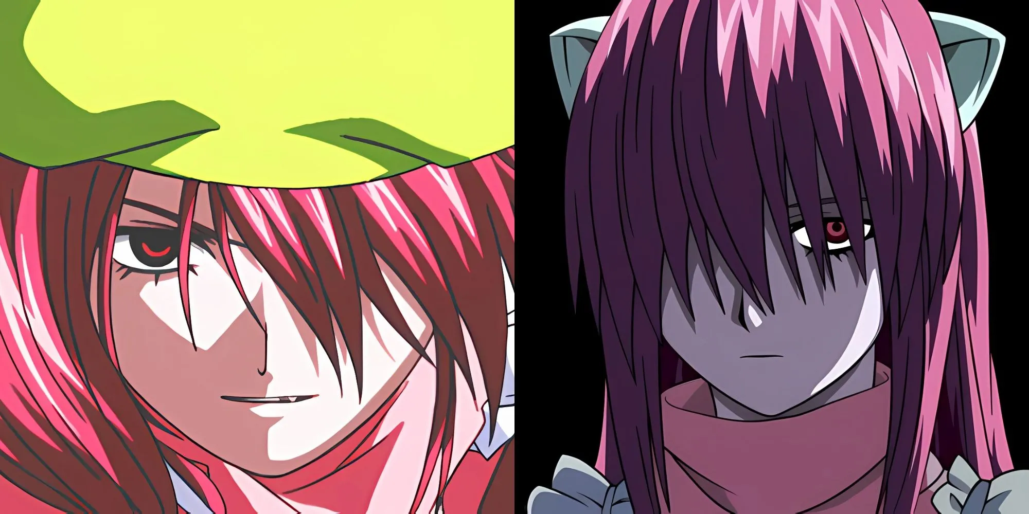 Lucy từ Elfen Lied với mái tóc hồng và biểu cảm phức tạp