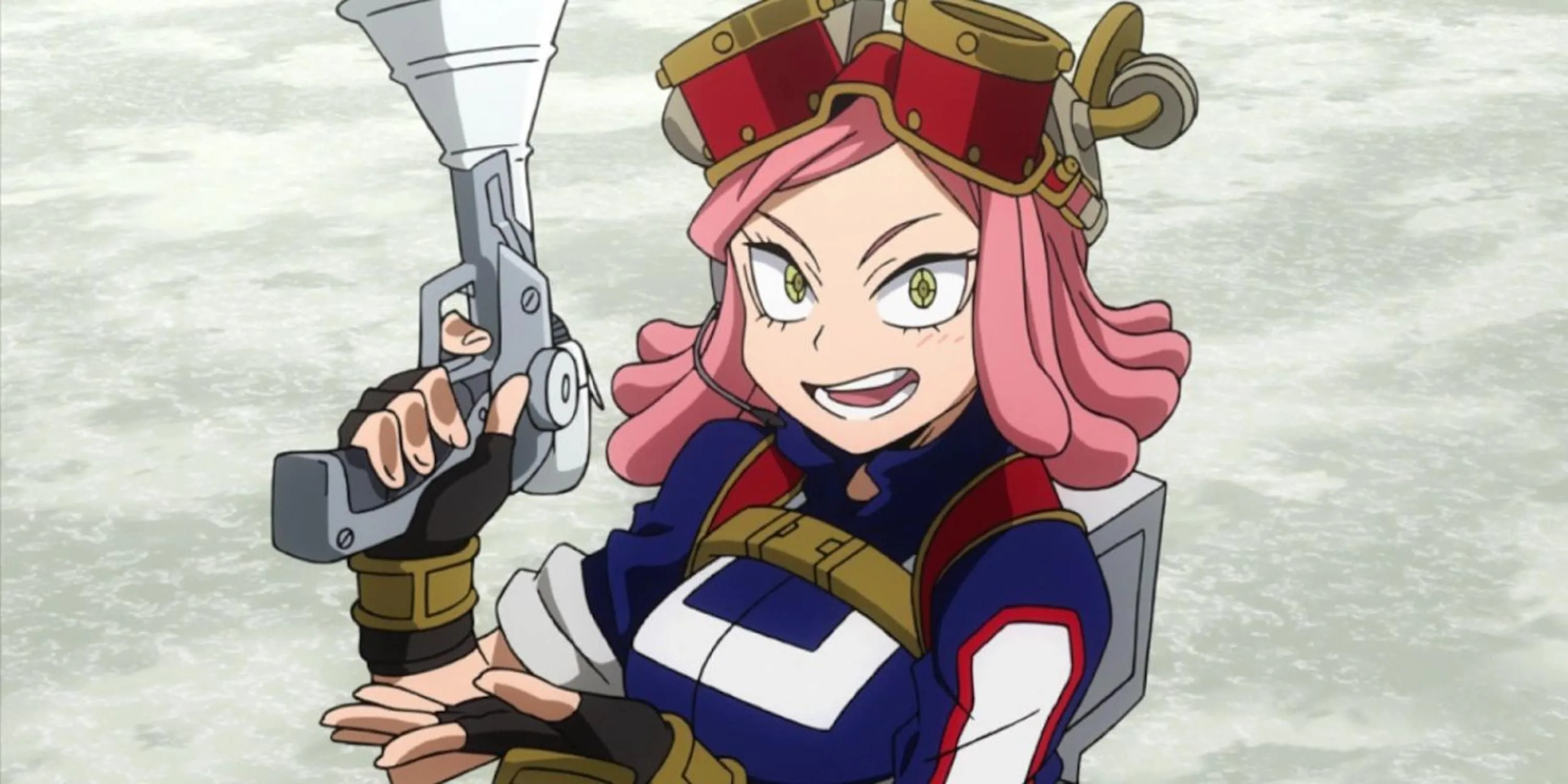 Mei Hatsume nhìn qua ống kính với Quirk Zoom của mình trong My Hero Academia