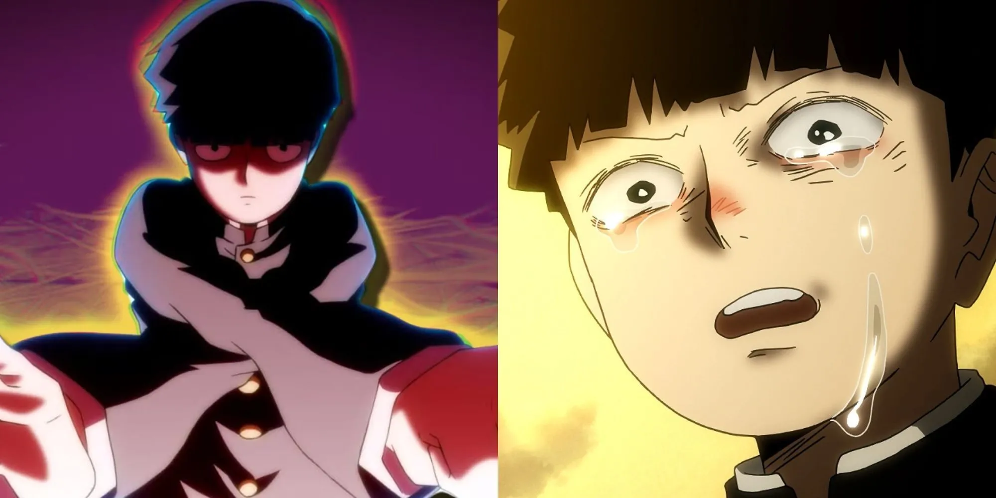 Mob và sư phụ Reigen trong Mob Psycho 100, với hiệu ứng tâm linh đầy màu sắc đặc trưng.