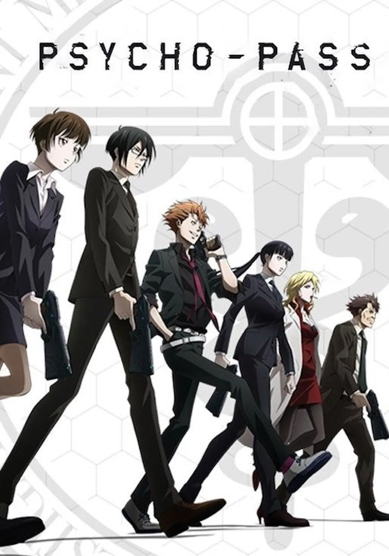 Poster anime Psycho-Pass với hệ thống Sybil và công cụ Dominator