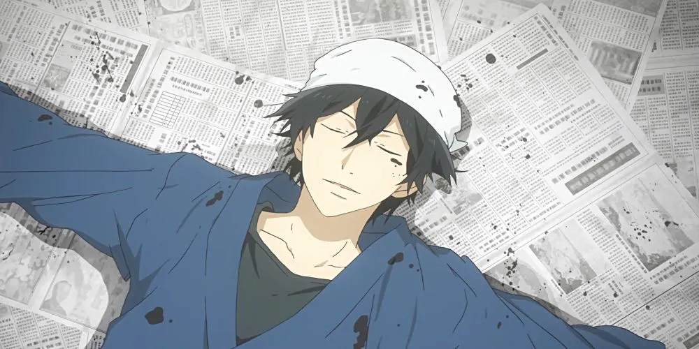 Seishuu Handa nằm trên báo, người dính đầy mực thư pháp trong anime Barakamon