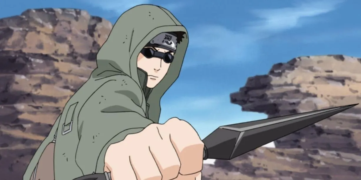 Shino Aburame với kính râm đặc trưng và áo khoác cao cổ