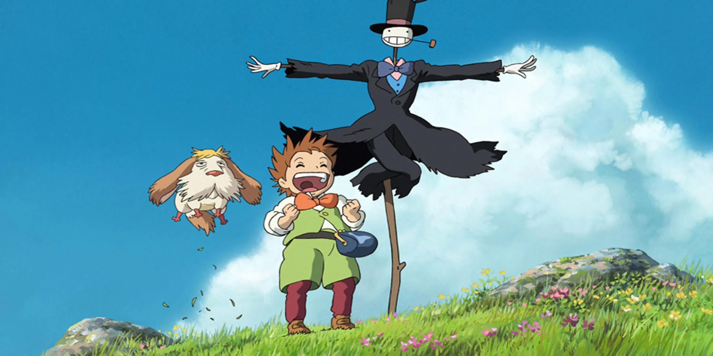 Sophie và pháp sư Howl đứng trước lâu đài di động kỳ diệu trong phim anime Lâu Đài Di Động Của Howl do Studio Ghibli sản xuất