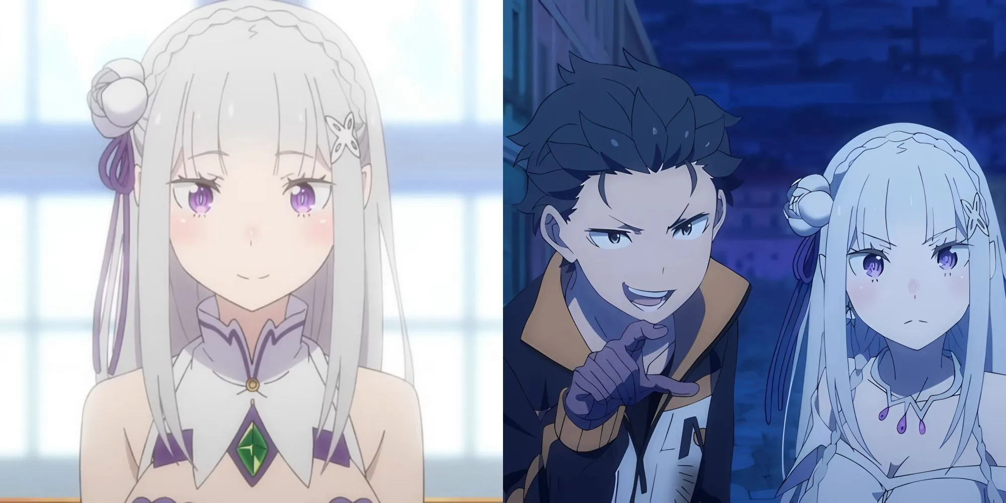 Subaru Natsuki và Emilia trong Re:Zero, biểu cảm căng thẳng phản ánh những thử thách khắc nghiệt của thế giới khác.