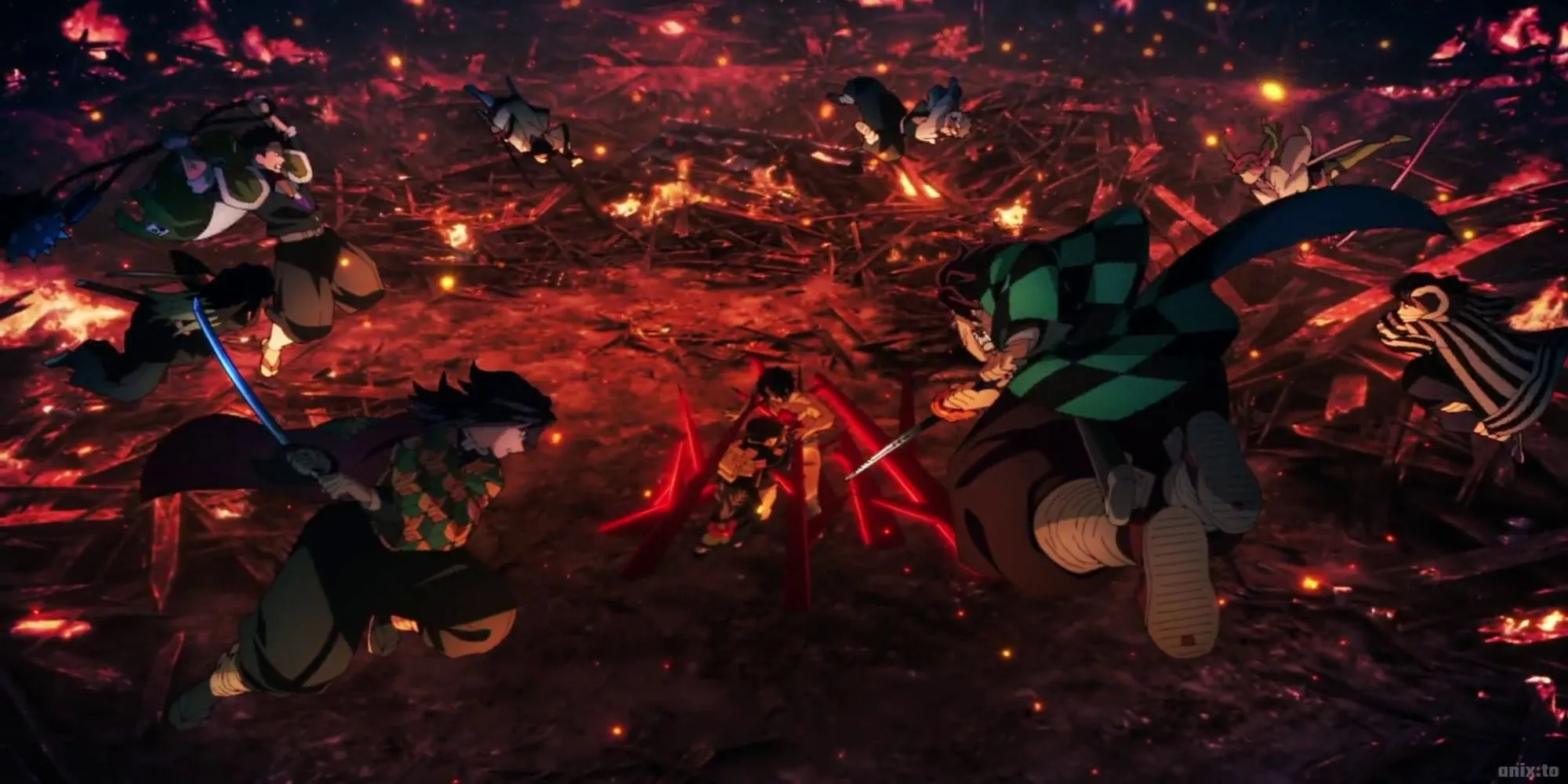 Tanjiro và các Trụ Cột chiến đấu chống Muzan trong anime Demon Slayer