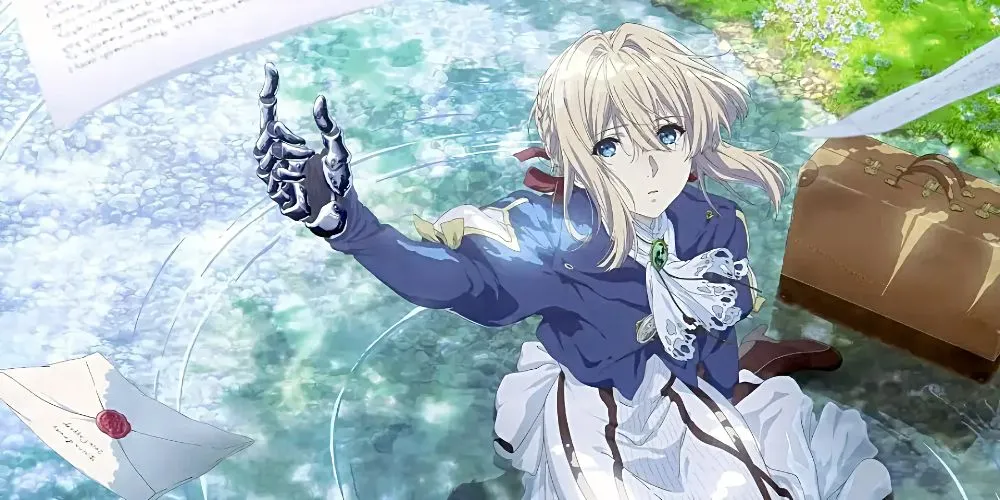 Violet Evergarden trong bộ đồng phục bưu tá, ánh mắt nhìn xa xăm