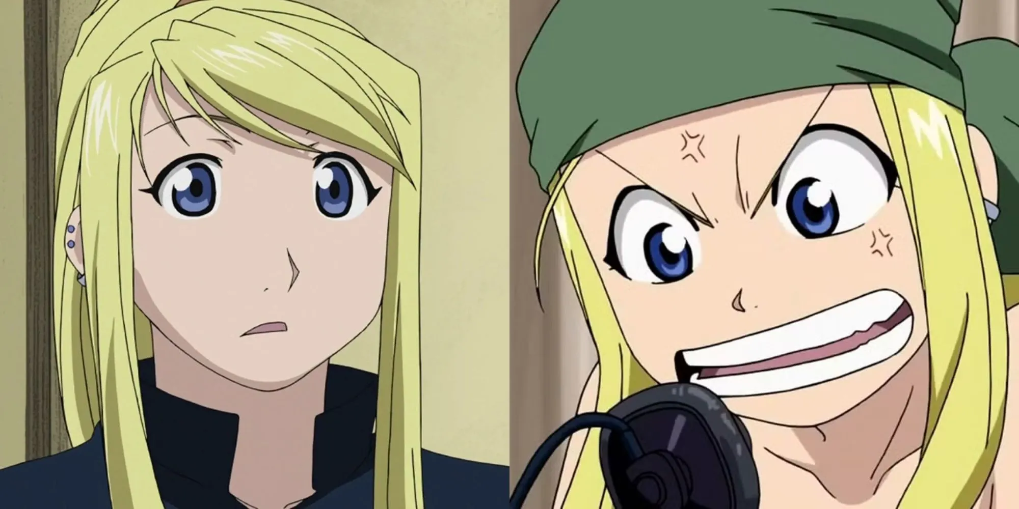 Winry Rockbell đang sửa chữa Automoil với cờ lê trong Fullmetal Alchemist Brotherhood