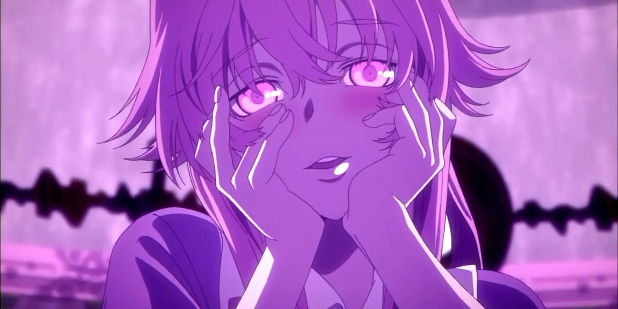 Yuno Gasai trong Future Diary với biểu cảm đau khổ, ôm mặt