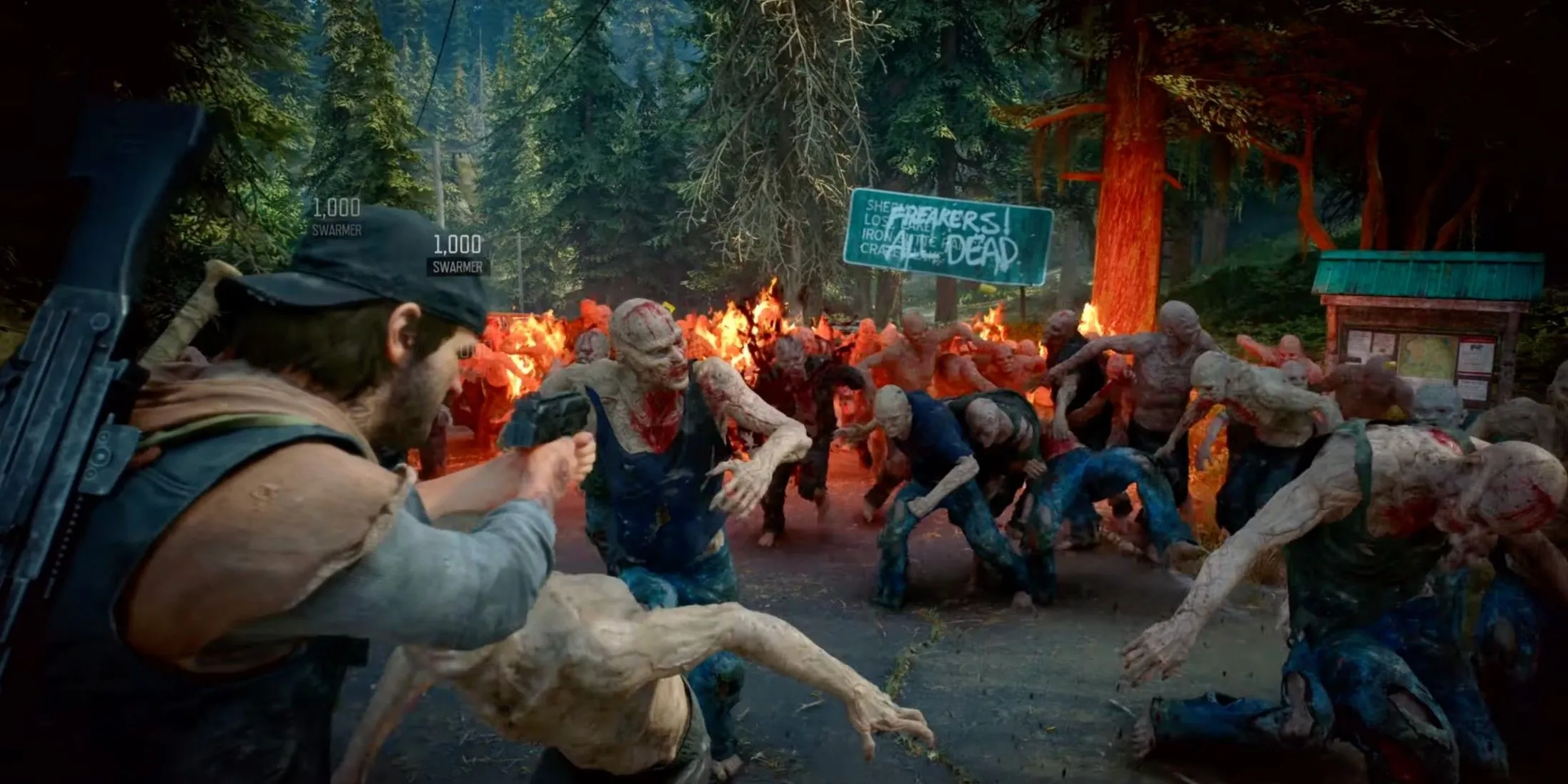Chế độ Horde Assault đầy kịch tính trong Days Gone Remastered, nơi Deacon đối mặt với đàn Freaker khổng lồ.