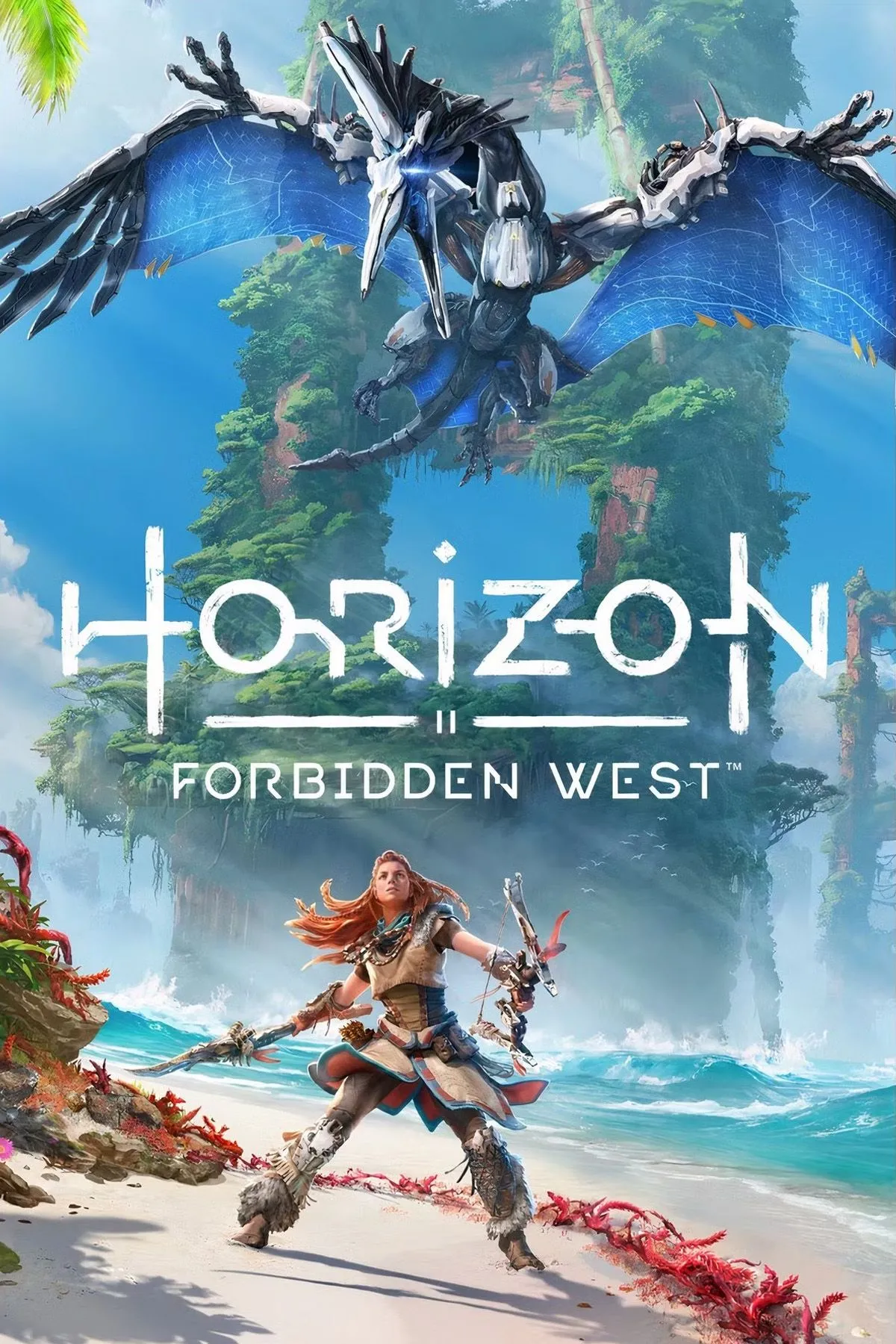 Hình ảnh bìa game Horizon Forbidden West, thể hiện Aloy sẵn sàng đối mặt với những mối đe dọa mới.
