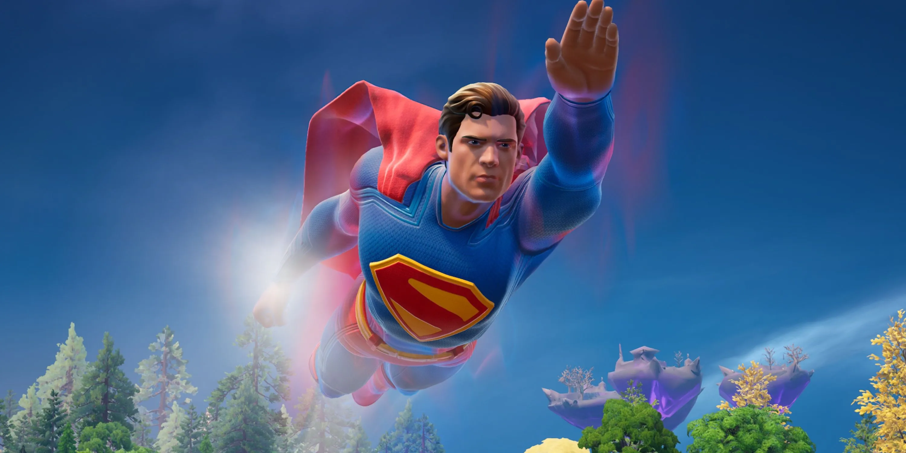 Superman với biểu tượng S huyền thoại bay lượn trên bầu trời trong thế giới Fortnite.