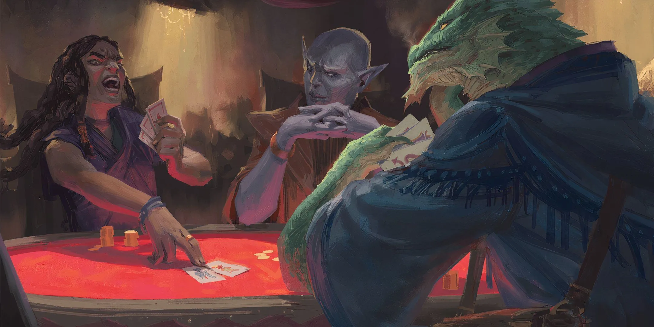 Ba người chơi đang chơi bài trong Dungeons &amp; Dragons, thể hiện sự tương tác tại bàn chơi và tầm quan trọng của việc gieo xúc xắc nhanh chóng.