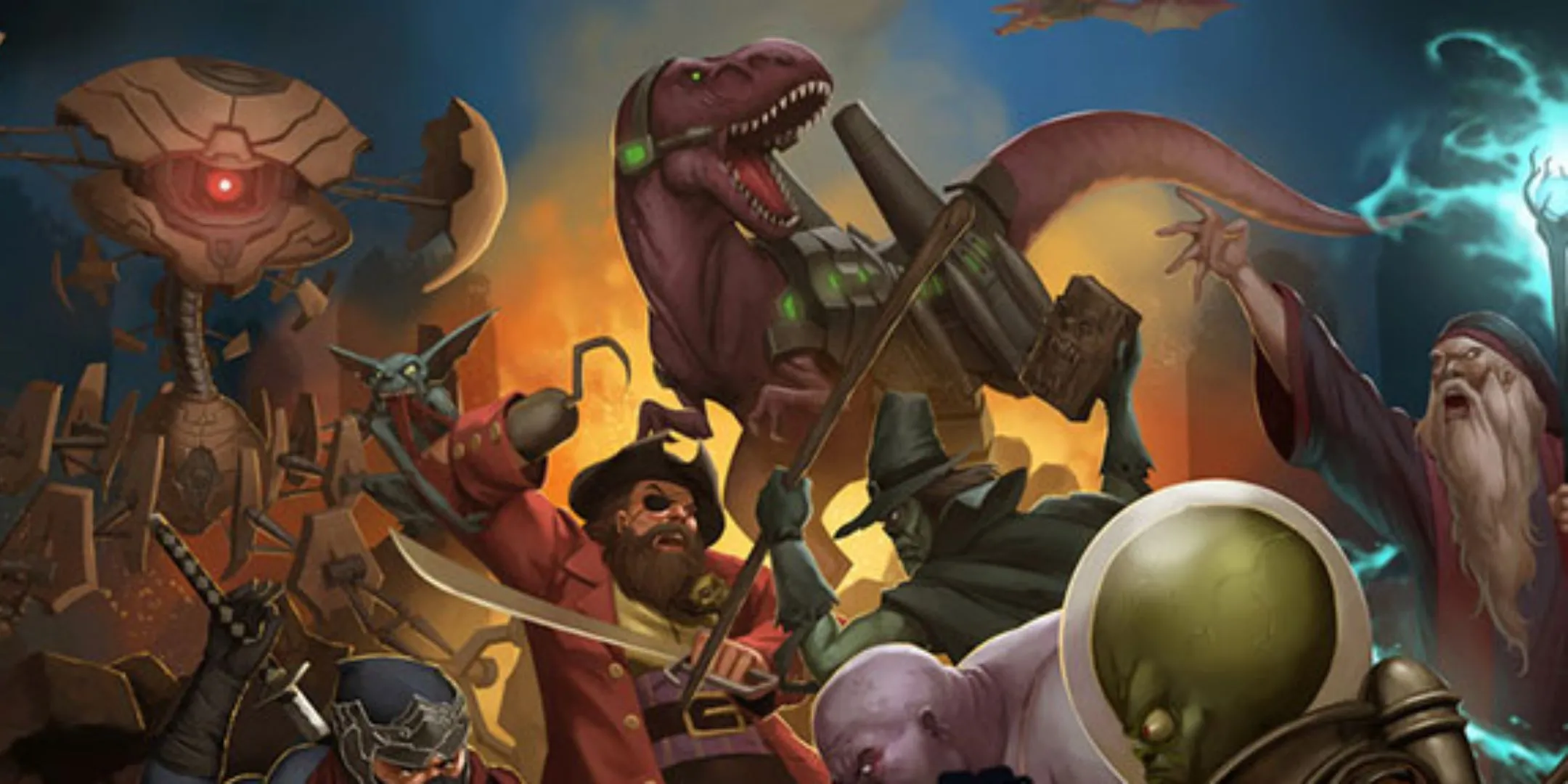 Bìa đĩa game Smash Up với các nhân vật đa dạng từ cướp biển, khủng long, người ngoài hành tinh, biểu tượng cho sự hỗn loạn và kết hợp độc đáo