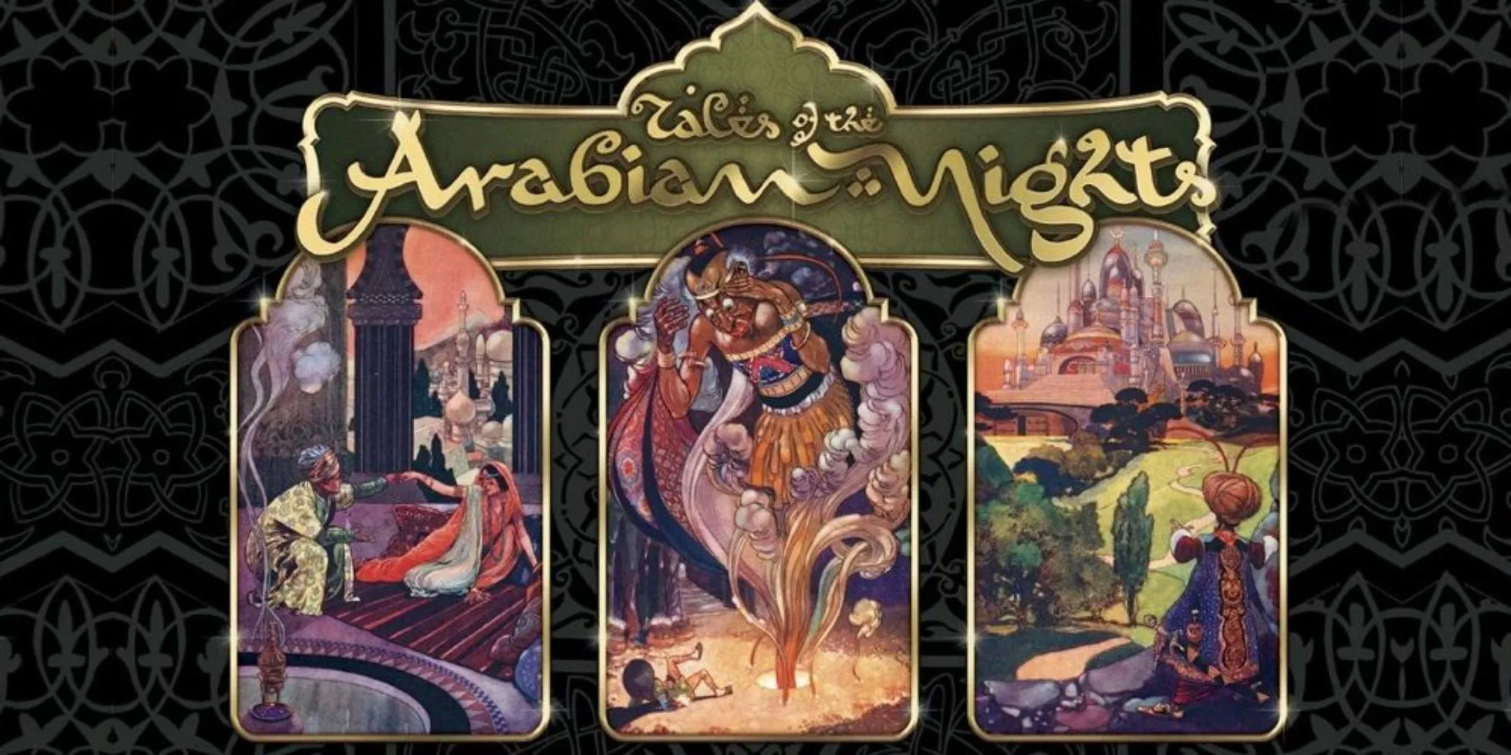 Bìa hộp Tales of the Arabian Nights với các cảnh từ Aladdin và những câu chuyện nổi tiếng khác, gợi mở thế giới cổ tích đầy phiêu lưu