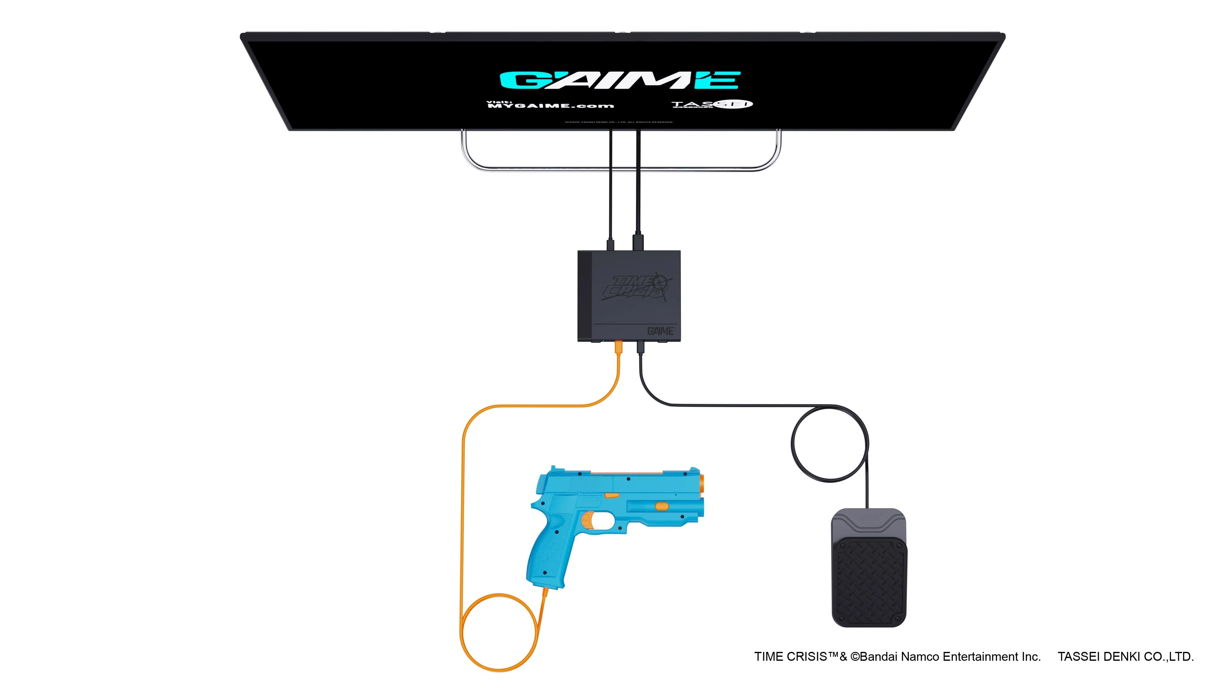 Bộ thiết bị G'aim'e Plug &amp; Play được kết nối với TV, sẵn sàng cho trải nghiệm game light gun chân thực.