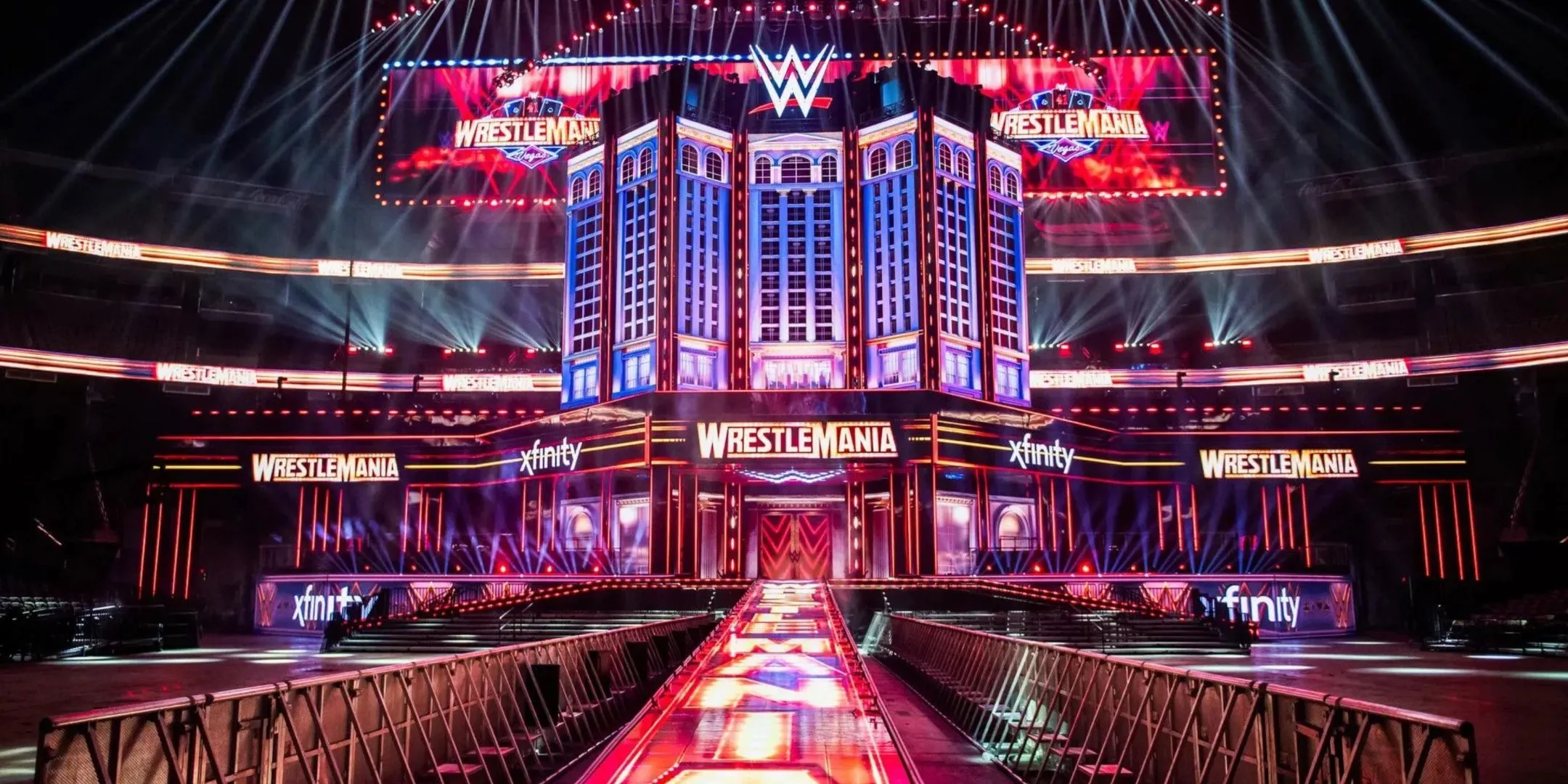 Bối cảnh sân khấu hoành tráng tại WrestleMania, nơi các huyền thoại thể hiện tài năng