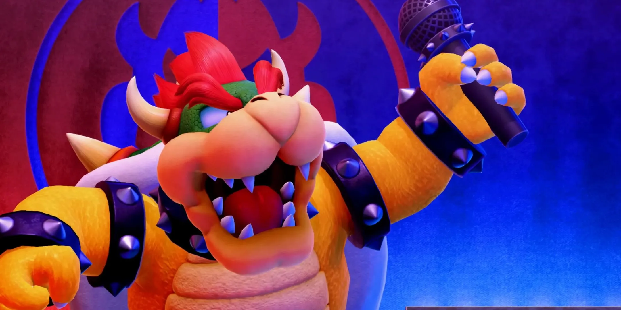 Bowser trên sân khấu với micro, sẵn sàng trình diễn và gây rắc rối